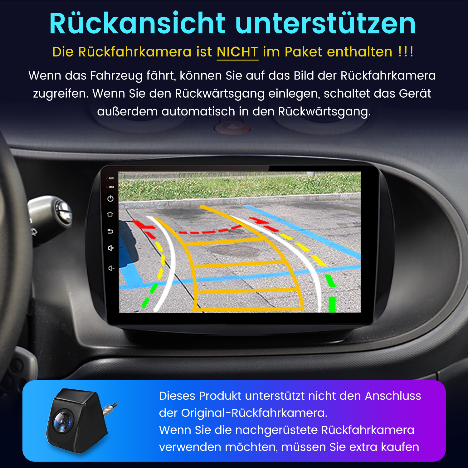 Armaturenbrett mit Bildschirm, der Parkrichtlinien zeigt. Unten ist eine Kamera abgebildet. Deutscher Text beschreibt die Kamerafunktionen.