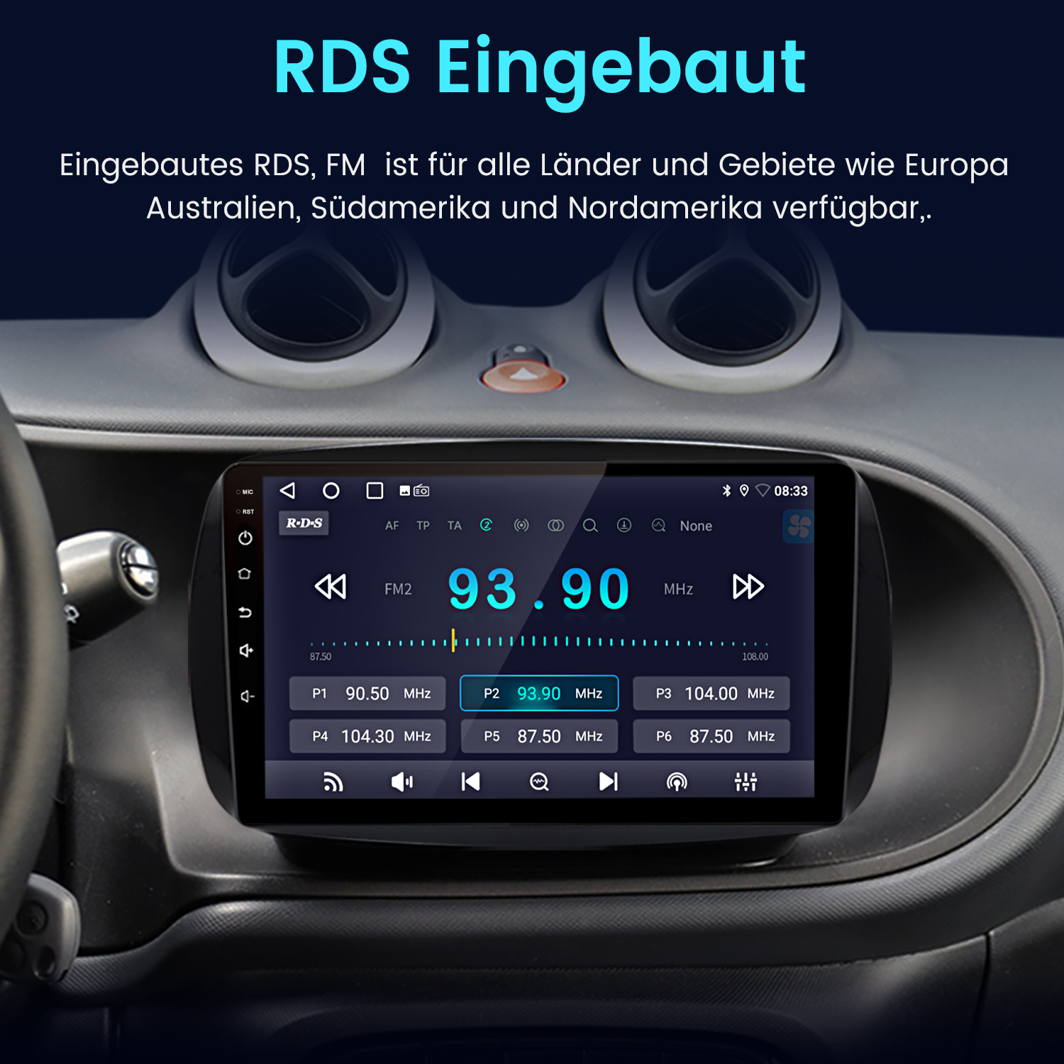 Auto-Armaturenbrett mit RDS-Radioanzeige, die 93,90 MHz anzeigt. Text oben: 'RDS Eingebaut'.