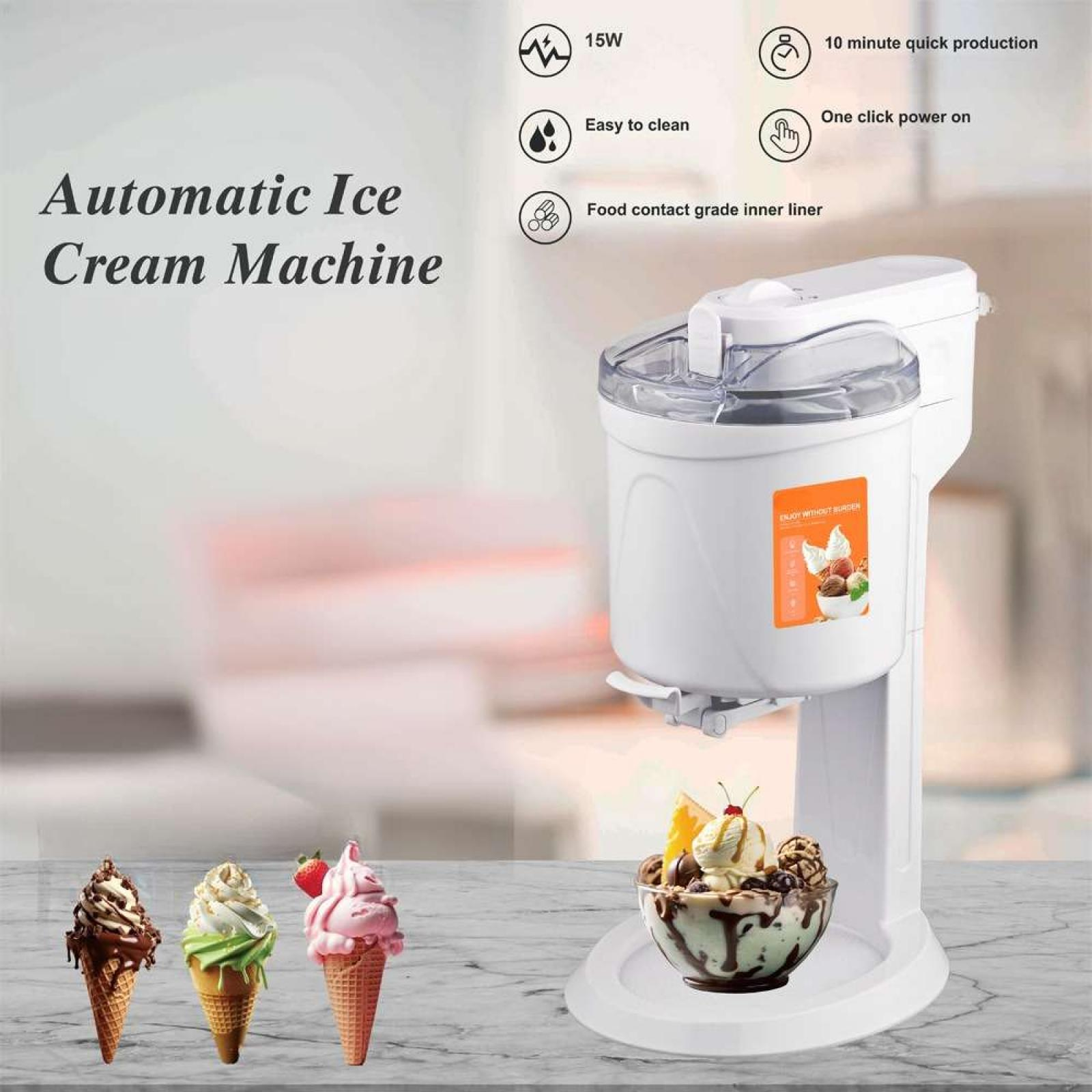 Eine automatische Eismaschine mit drei Kegeln davor. Eine Schüssel Eiscreme befindet sich unter der Maschine. Merkmale sind aufgelistet.