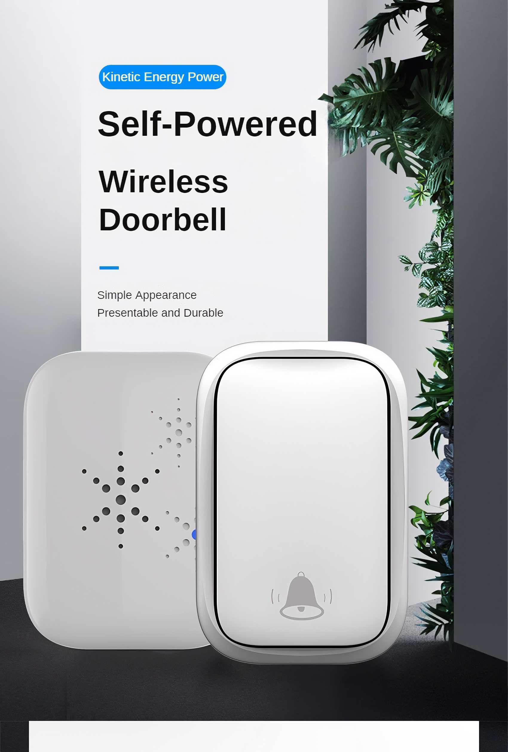 Weiße drahtlose Türklingel mit Glockensymbol. Text: 'Self-Powered Wireless Doorbell'. Grüne Blätter an der Seite.