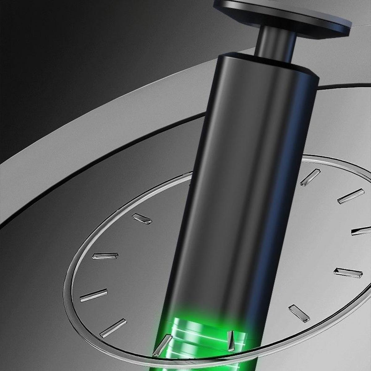 Ein schwarzes, zylindrisches Objekt mit grün leuchtenden Balken, das einer Batterie ähnelt, liegt über einem grauen, uhrartigen Design.