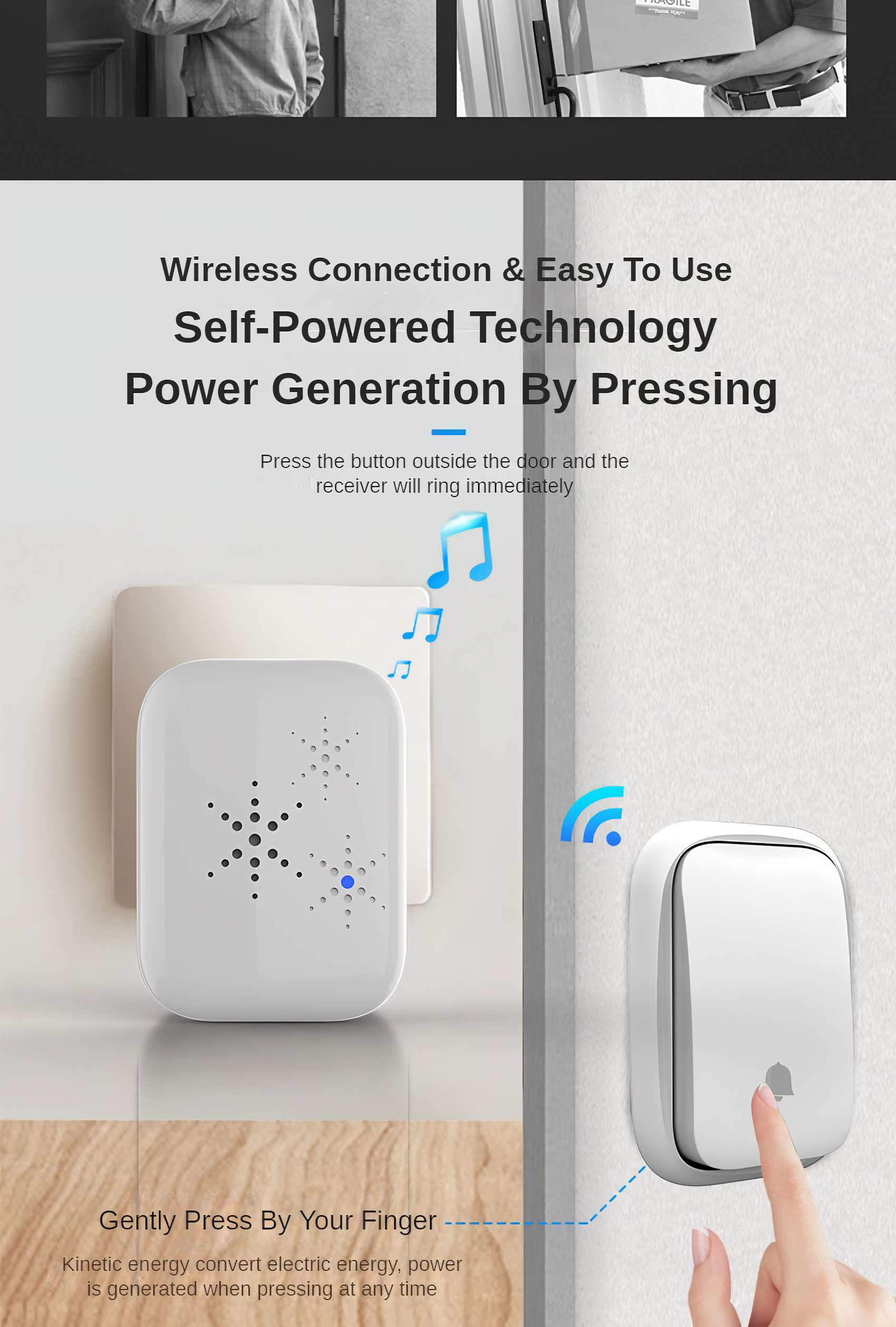 Weiße Türklingel mit einem Finger, der den Knopf drückt. Noten und ein WLAN-Symbol werden angezeigt. Text: Selbstbetriebene Technologie.