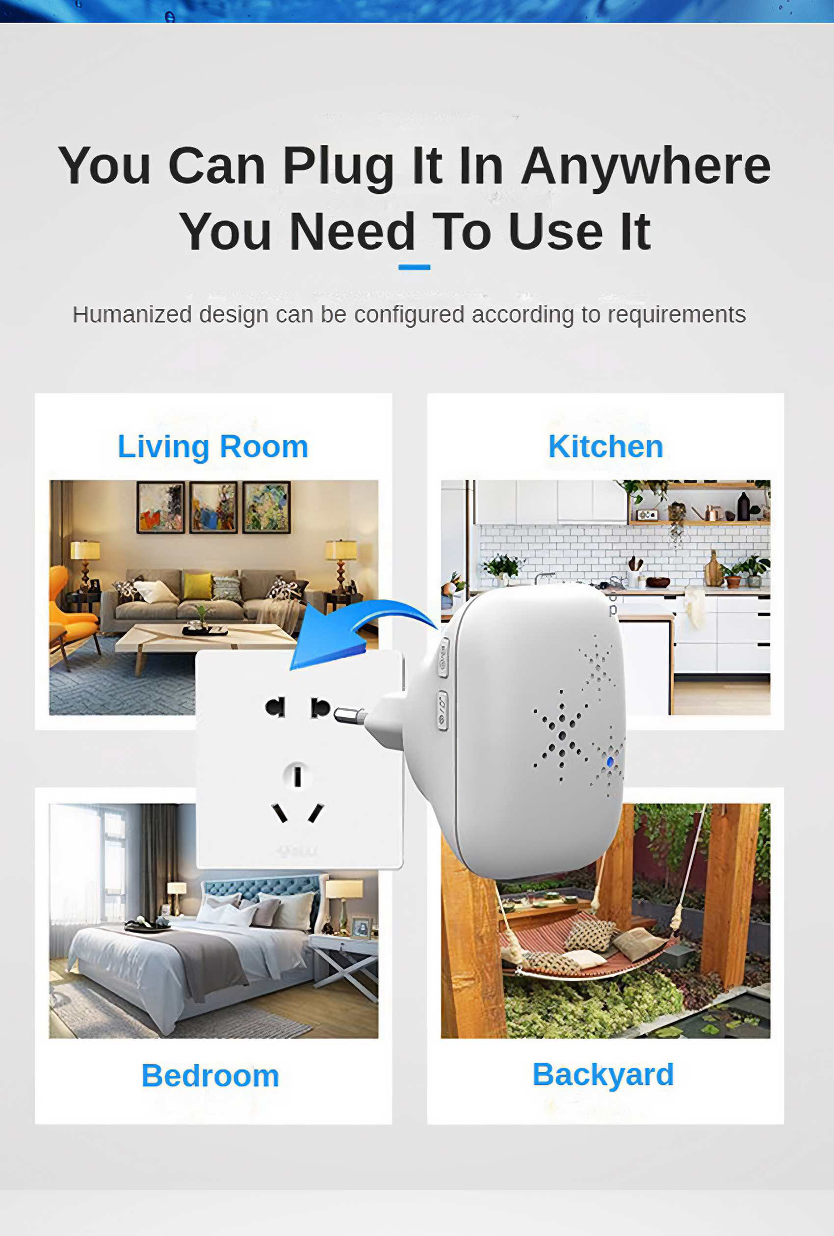 Eine Werbung zeigt einen Stecker mit einem weißen Gerät. Es zeigt ein Wohnzimmer, eine Küche, ein Schlafzimmer und einen Hinterhof.
