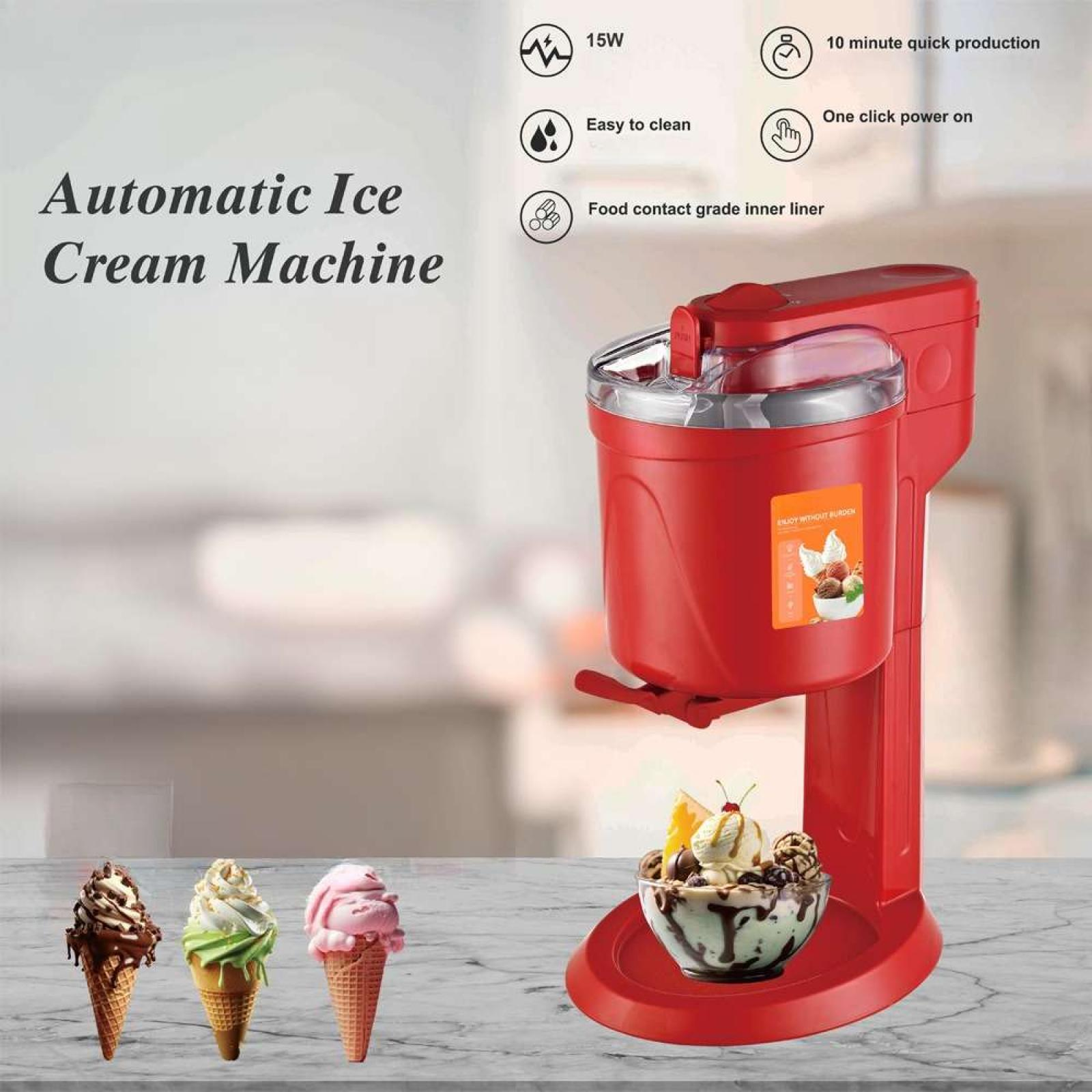 Rote Eismaschine mit Eiswaffeln und einer Schüssel Eis. Text enthält 'Automatische Eismaschine' und Merkmale.