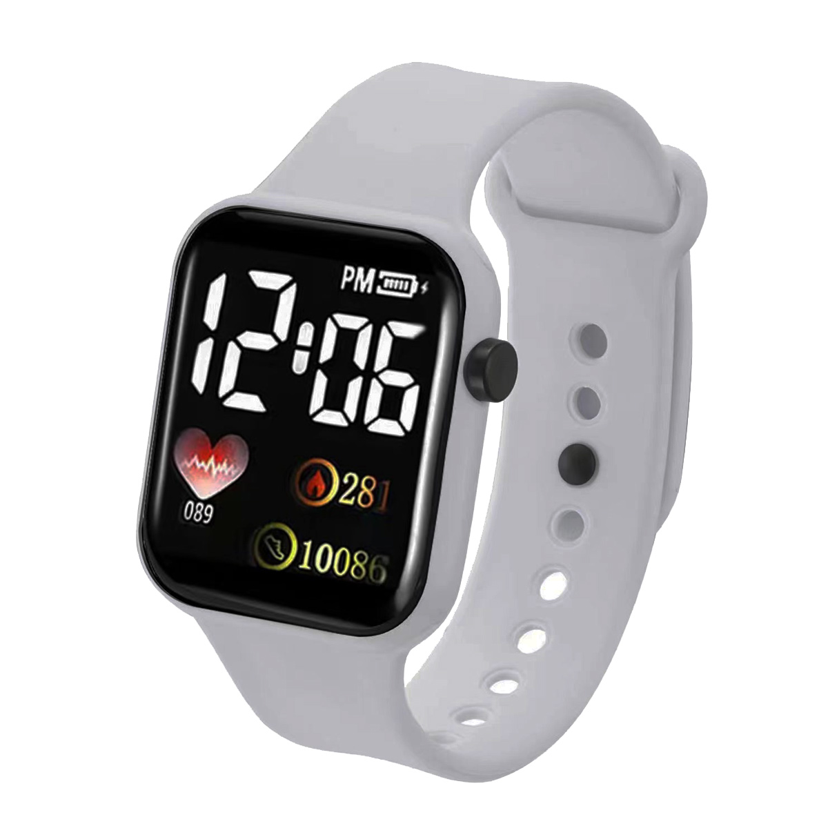 Eine digitale Smartwatch mit grauem Armband zeigt 12:06 an. Symbole für Herzfrequenz, Kalorien und Schritte sind sichtbar.