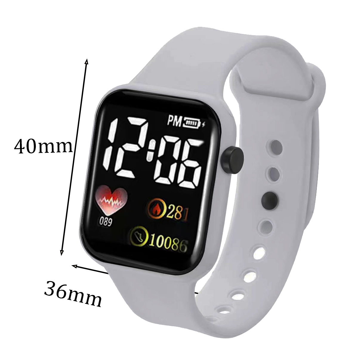 Eine graue Smartwatch zeigt Uhrzeit, Herzfrequenz und andere Daten an. Sie hat einen quadratischen Bildschirm und ein graues Armband mit Löchern.