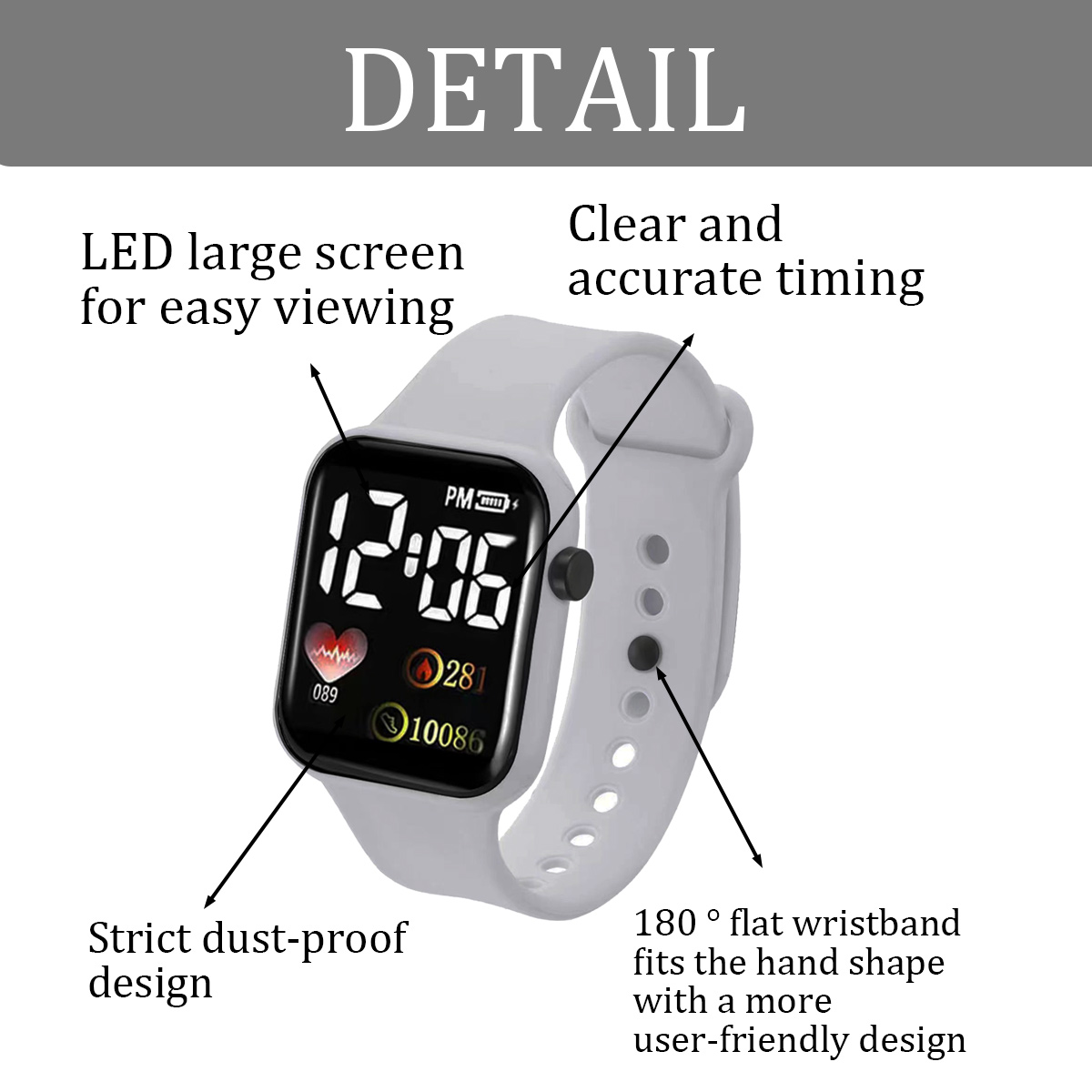 Eine weiße Smartwatch mit schwarzem Bildschirm, der Zeit, Herzfrequenz und andere Daten anzeigt. Die Uhr hat ein staubdichtes Design und ein benutzerfreundliches flaches Armband.