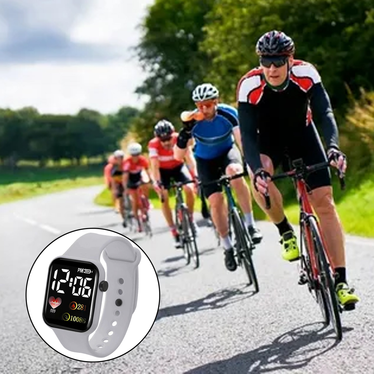 Radfahrer fahren auf einer Straße Rennen. Eine graue Smartwatch befindet sich in der Ecke. Bäume sind im Hintergrund. Der Fokus liegt auf Sport und Technologie.