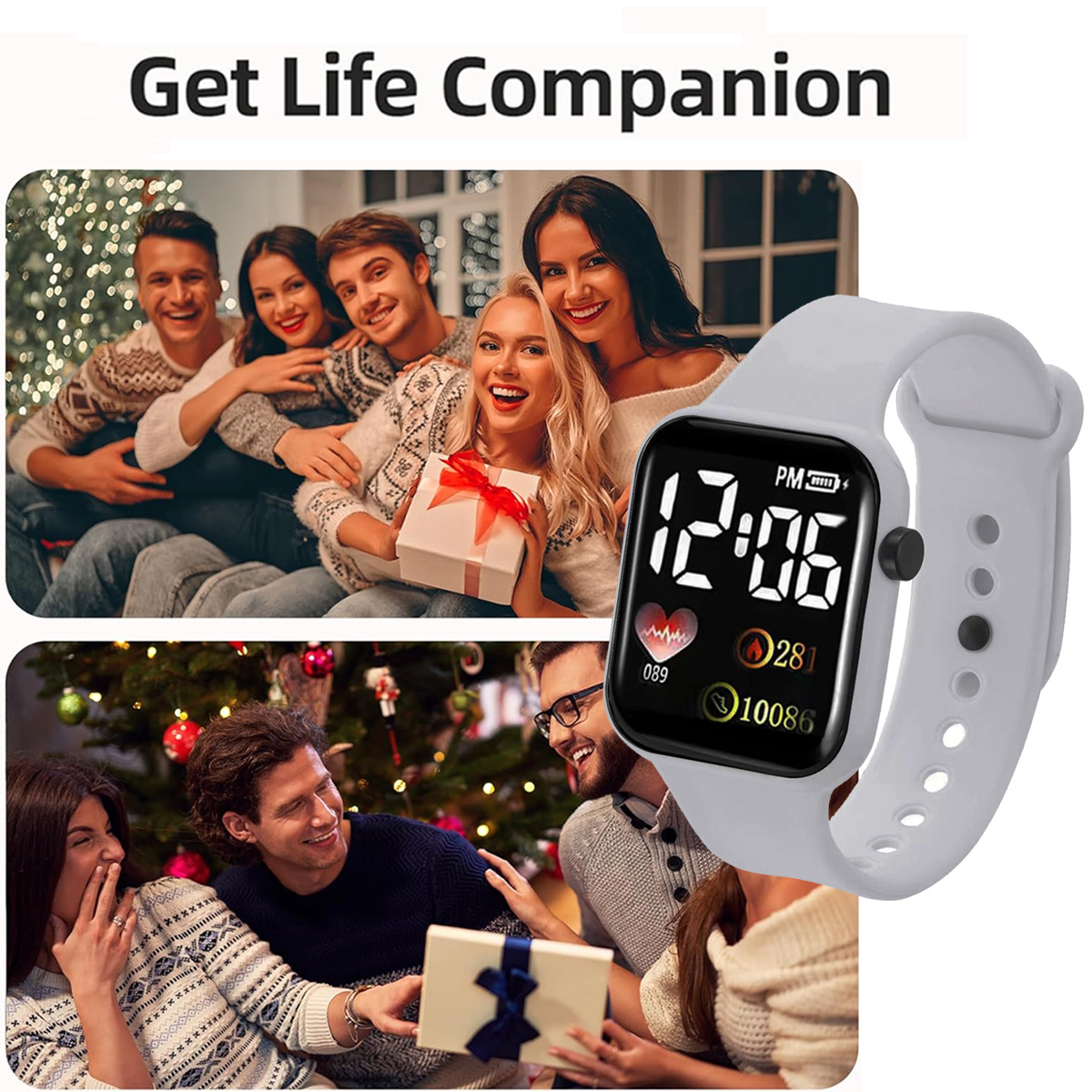 Das Bild zeigt eine graue Smartwatch und zwei Szenen von Personen mit Geschenken. Die obere Szene zeigt glückliche Menschen. Die untere hat einen Weihnachtsbaum.