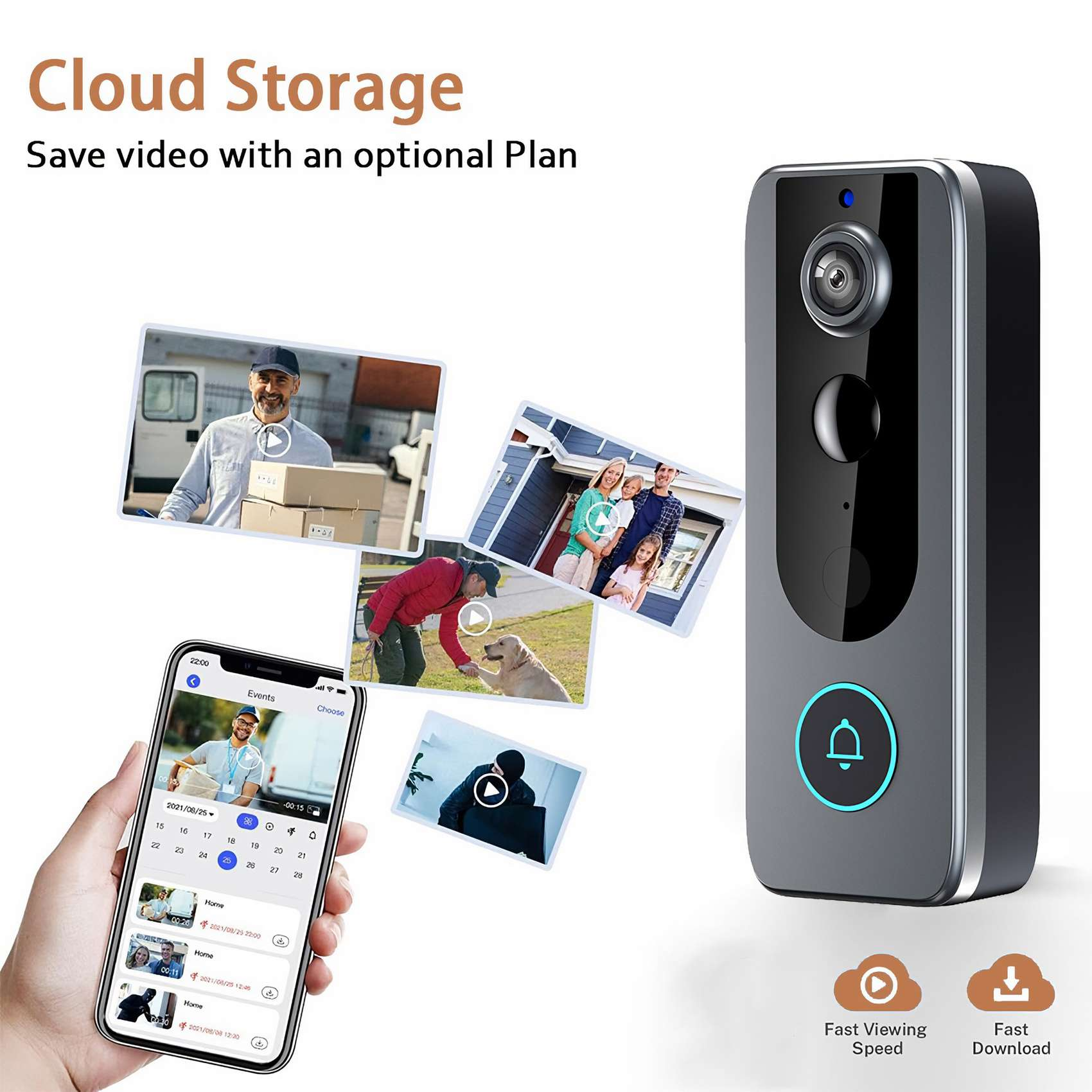 Eine Überwachungskamera mit Videovorschauen auf einem Telefon. Text: Cloud Storage, speichern Sie Videos mit einem optionalen Plan. Schnelle Anzeigegeschwindigkeit, schneller Download.