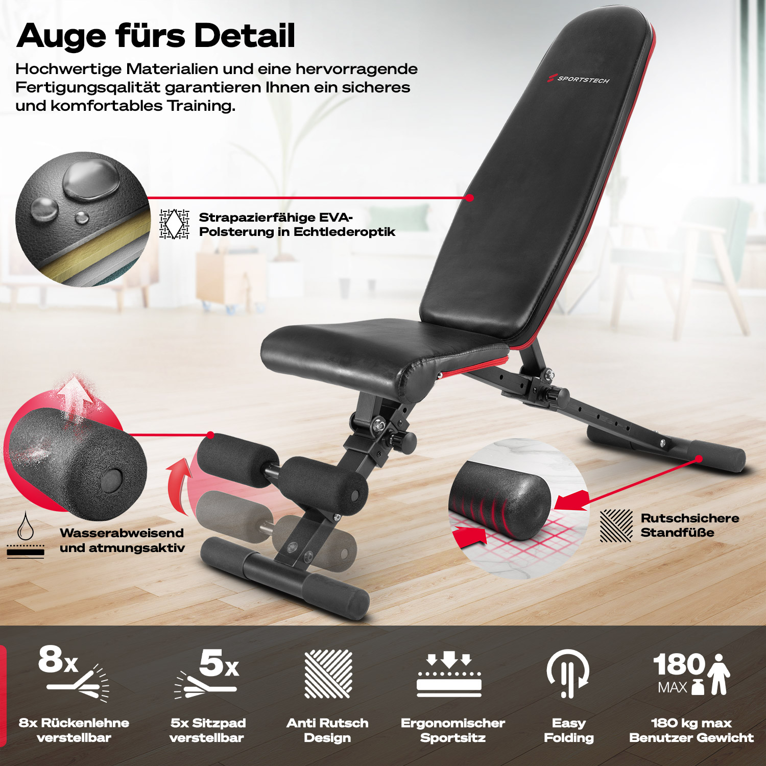 Schwarze und rote verstellbare Hantelbank. Merkmale sind wasserabweisendes Material, rutschfeste Füße und ergonomisches Design. Bis zu 180 kg.