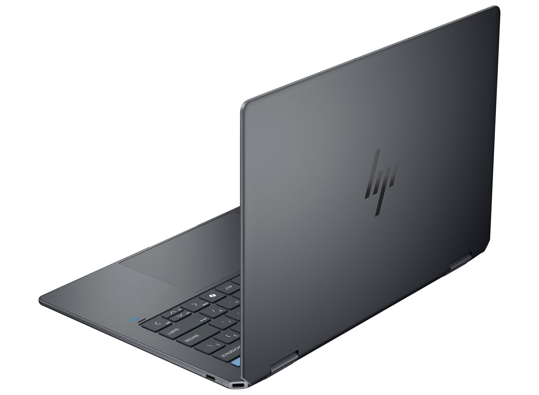 Ein dunkelgrauer HP-Laptop ist leicht geöffnet und zeigt die Tastatur und das HP-Logo auf der Rückseite.