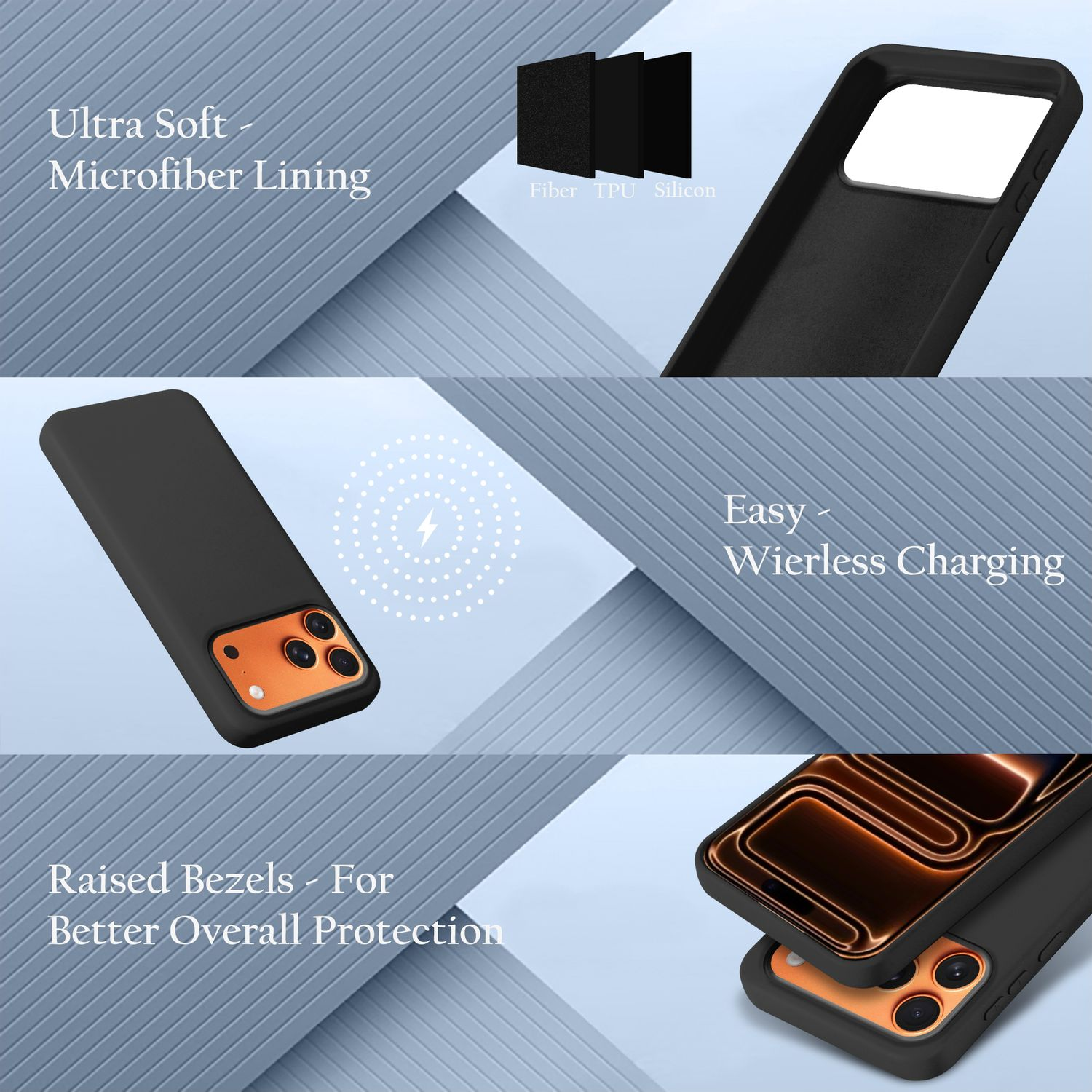 Das Bild zeigt Handyhüllen. Zu den Merkmalen gehören Mikrofaserfutter, kabelloses Laden und erhöhte Einfassungen. Materialien: Faser, TPU und Silikon.