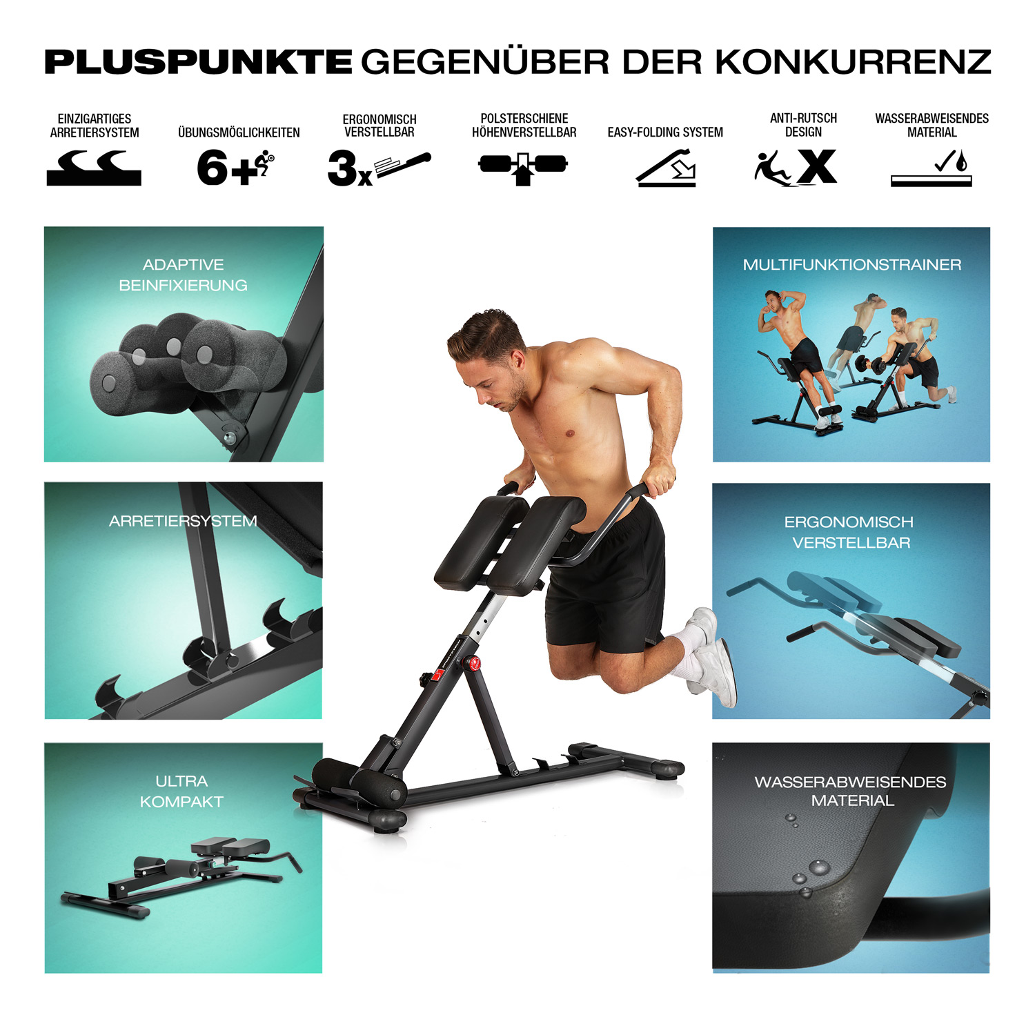 Ein Mann benutzt ein schwarz-rotes Fitnessgerät. Kleinere Bilder und Symbole zeigen Funktionen und Vorteile des Produkts.