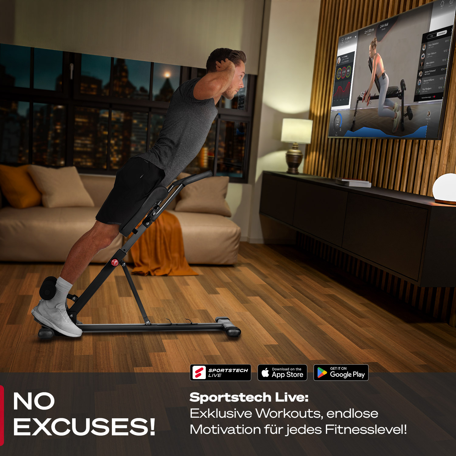 Mann auf einer Rückenstreckmaschine. Ein Fernseher zeigt ein Training. Der Raum hat ein modernes Design. Text sagt 'No Excuses!' und 'Sportstech Live'.