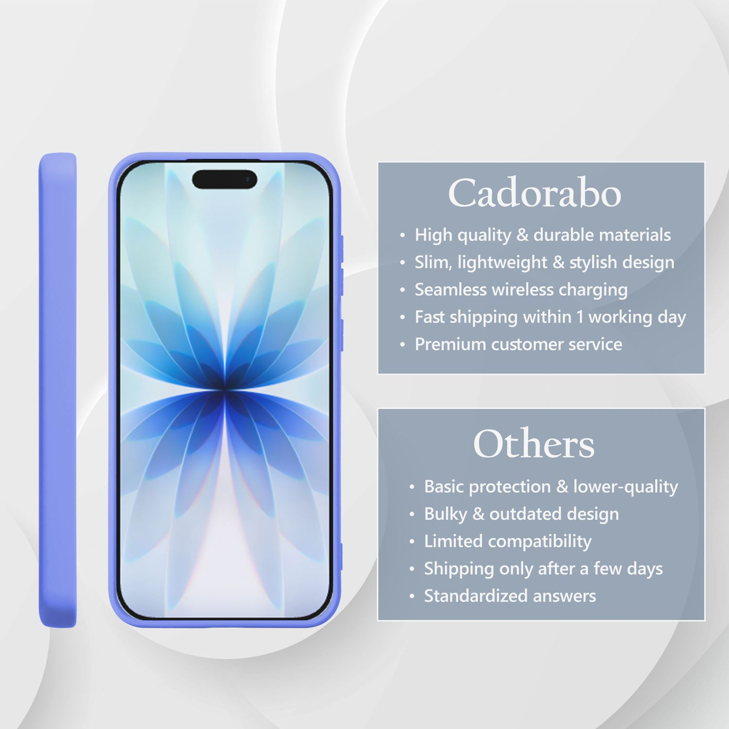 Ein Smartphone in einer lila Hülle wird gezeigt. Der Text vergleicht die Eigenschaften von 'Cadorabo' (hohe Qualität, schneller Versand) mit 'Anderen'.