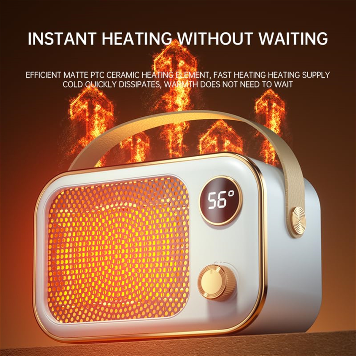 Ein weiß-goldener Heizlüfter mit Digitalanzeige, die 56 Grad anzeigt. Flammen sind oben dargestellt, was sofortiges Heizen suggeriert.