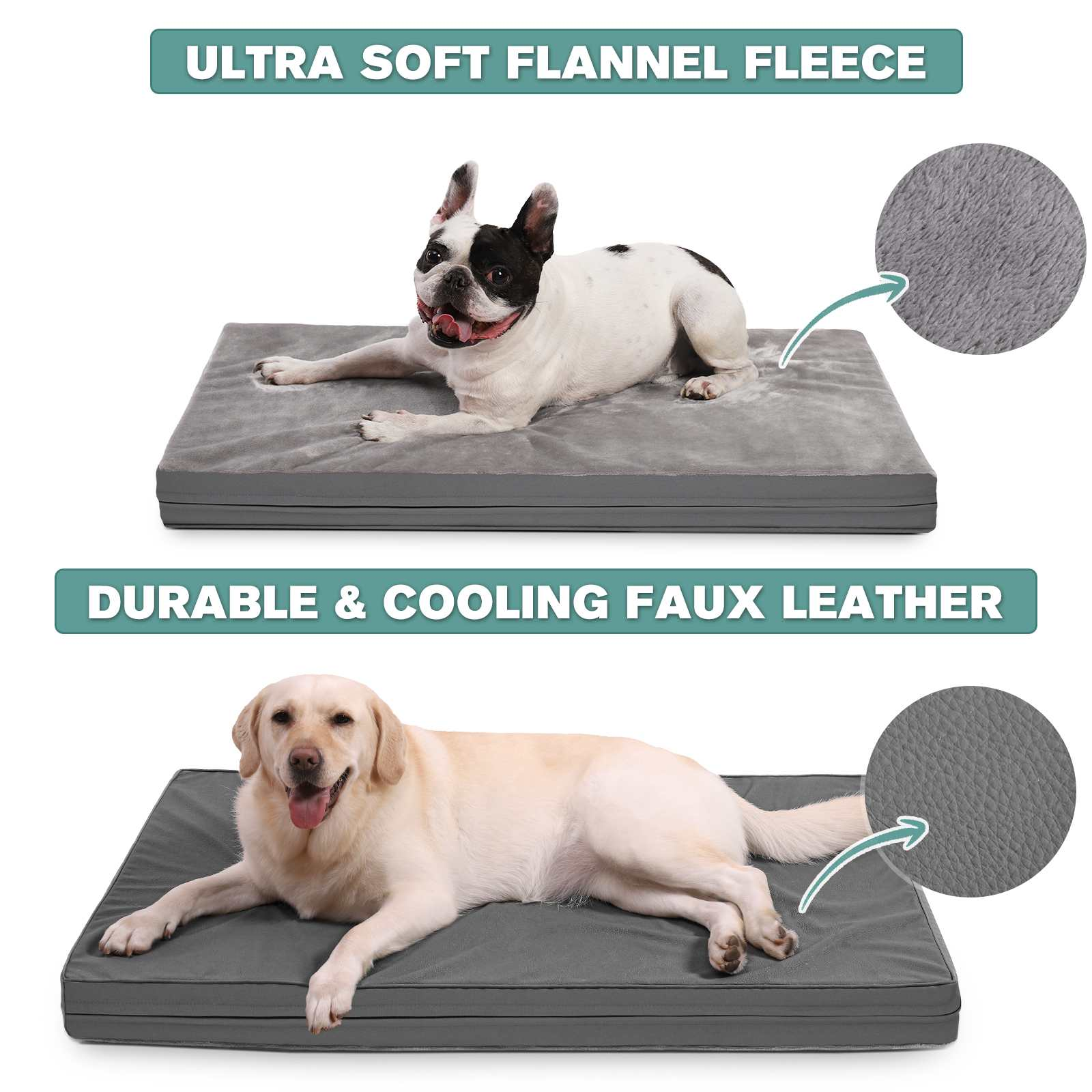 Zwei Hunde auf grauen Hundebetten. Oberes Bett, schwarz-weißer Hund. Unteres Bett, gelber Labrador. Text: Ultraweiches Flanellvlies, strapazierfähiges Kunstleder.