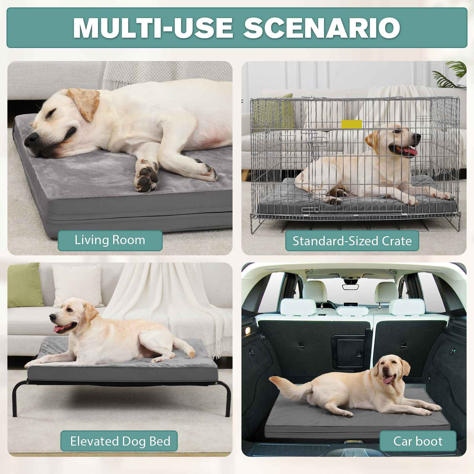 Vier Bilder, die ein Hundebett in verschiedenen Szenarien zeigen: Wohnzimmer, Kiste, erhöhtes Bett und Kofferraum. Auf jedem Bett liegt ein Hund.