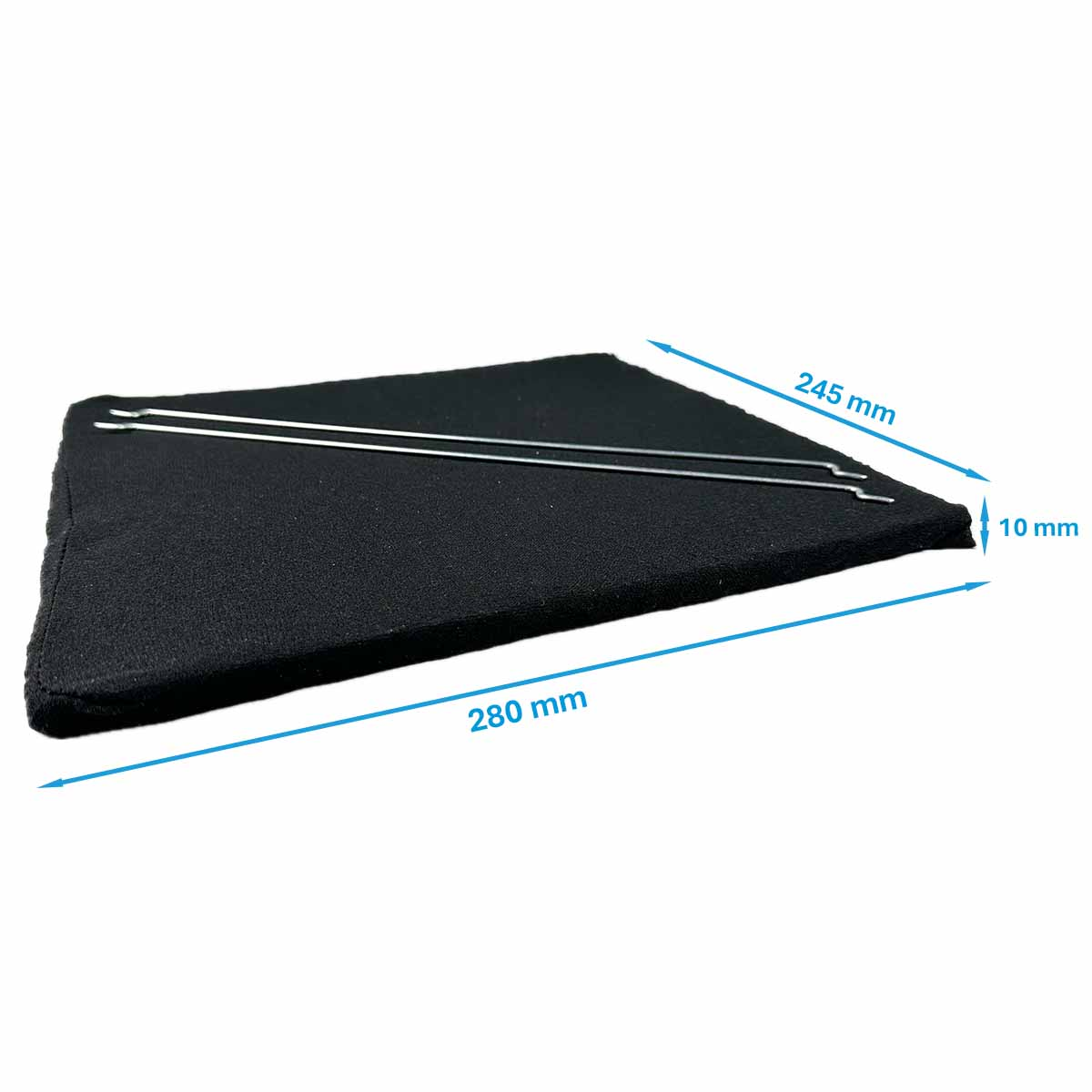 Ein schwarzes dreieckiges Objekt mit silbernen Drähten, Abmessungen: 280 mm, 245 mm und 10 mm. Weißer Hintergrund.