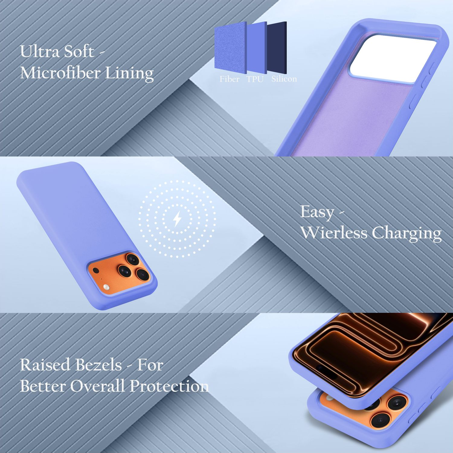 Das Bild zeigt Funktionen der Handyhülle: weiches Futter, kabelloses Laden, erhöhte Blenden. Lila Hülle, orangefarbenes Telefon und Materialdiagramm.