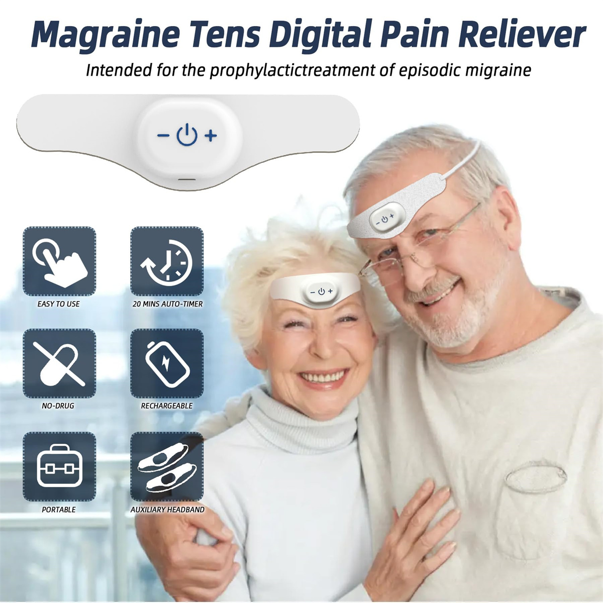 Das Bild zeigt ein älteres Ehepaar, das lächelt und ein weißes Stirnbandgerät trägt. Der Text erwähnt 'Magraine Tens Digital Pain Reliever'.