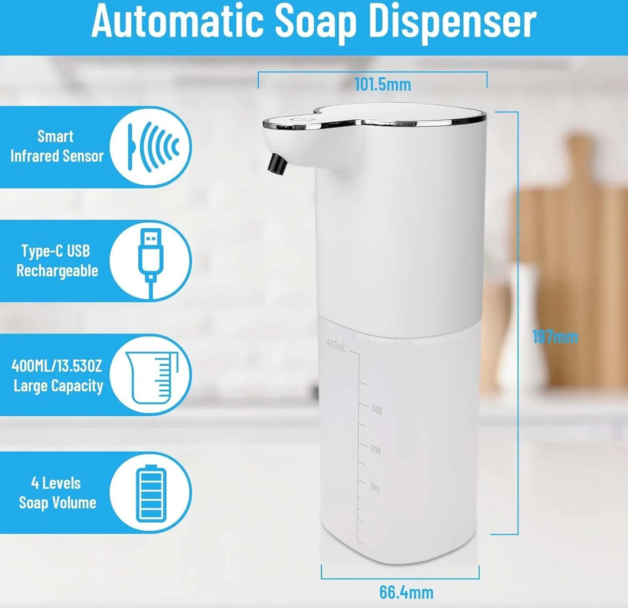Weißer automatischer Seifenspender mit Maßen. Merkmale sind Infrarotsensor, USB-Aufladung und Füllstand.