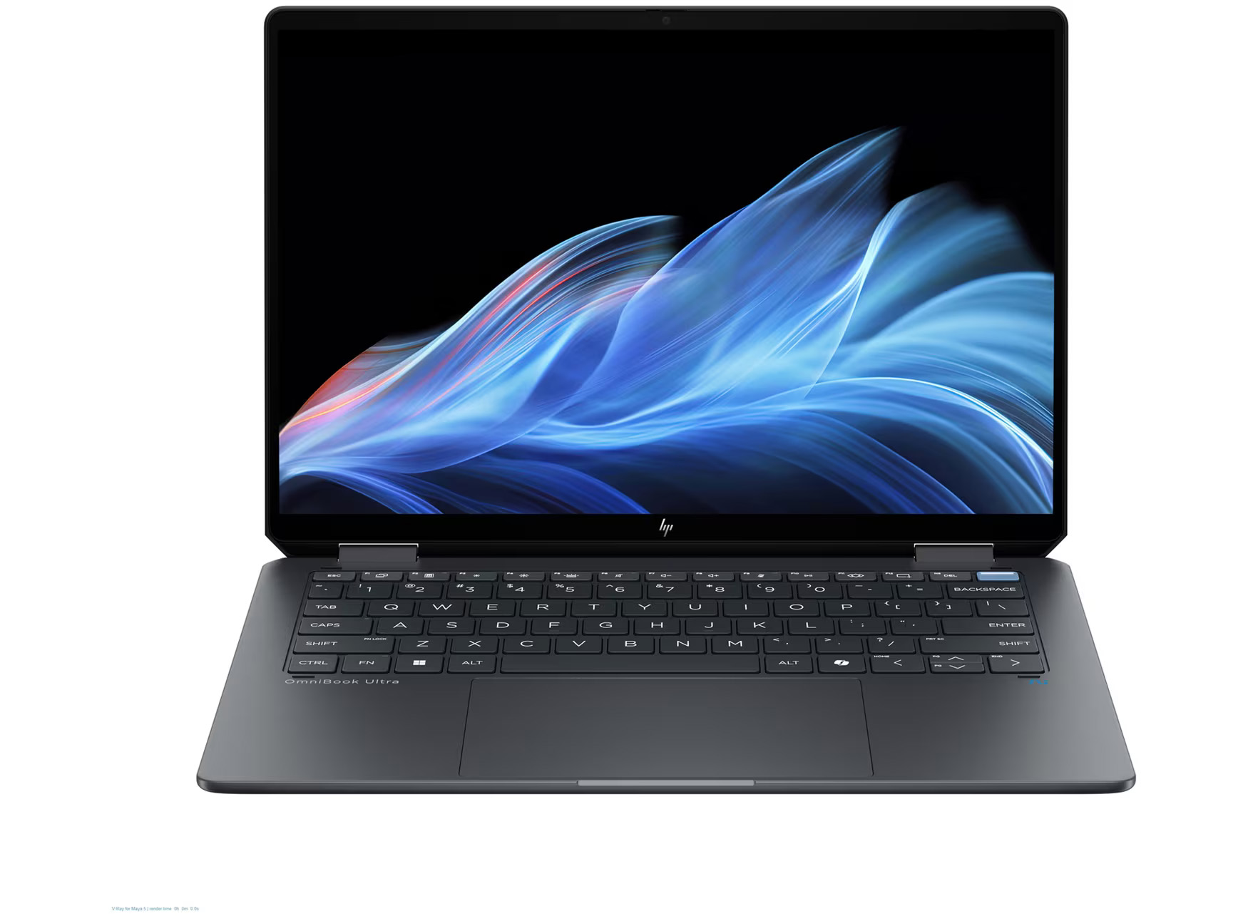 Ein silberner HP OmniBook Ultra Laptop ist geöffnet. Der Bildschirm zeigt blaue und rote abstrakte Formen. Die Tastatur ist dunkelgrau.