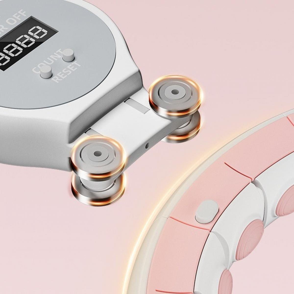 Nahaufnahme eines Fitness-Trackers mit Digitalanzeige, Zähl- und Reset-Tasten. Rosa und weißer Trainingsreifen auf rosa Hintergrund.