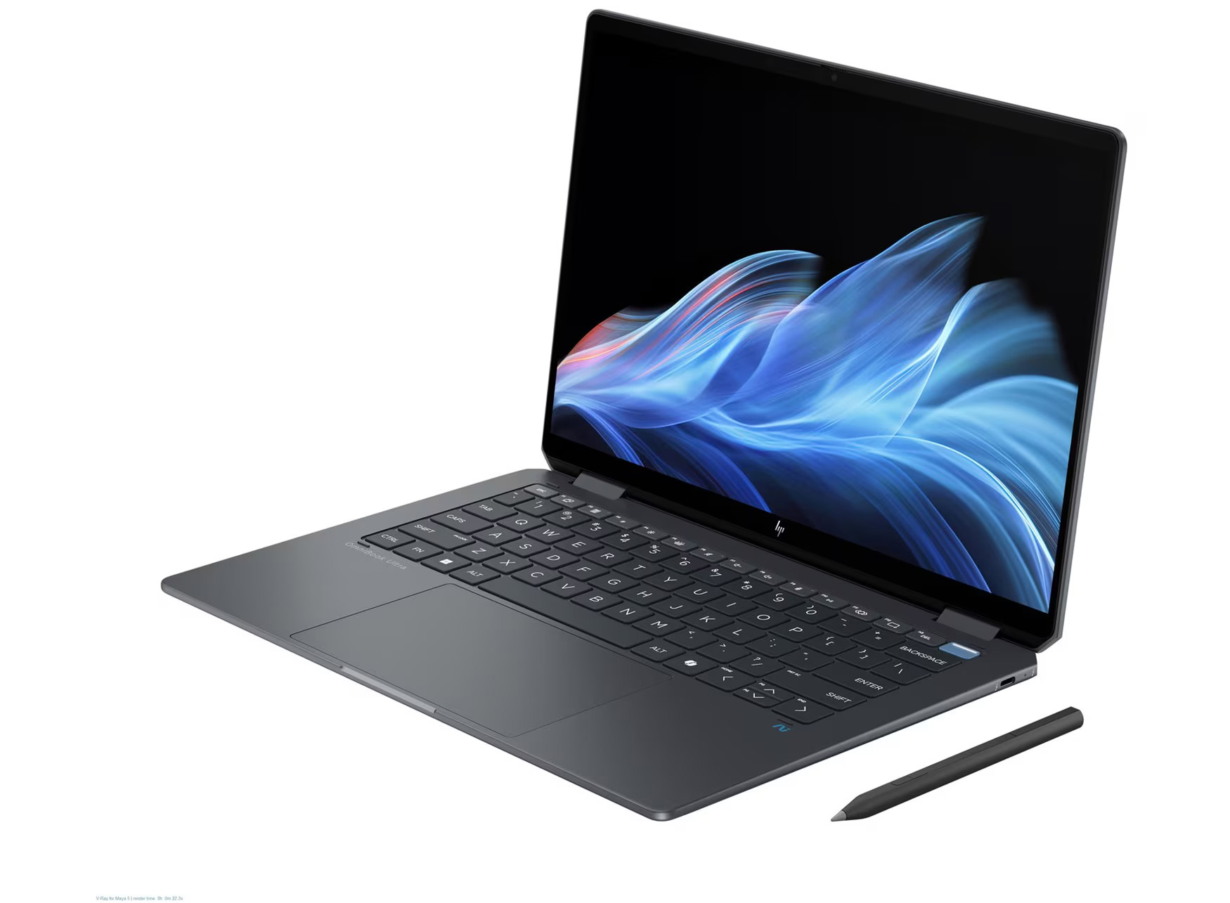 Ein grauer HP-Laptop ist geöffnet und zeigt ein farbenfrohes, abstraktes Bild auf dem Bildschirm, mit einem Stift daneben.