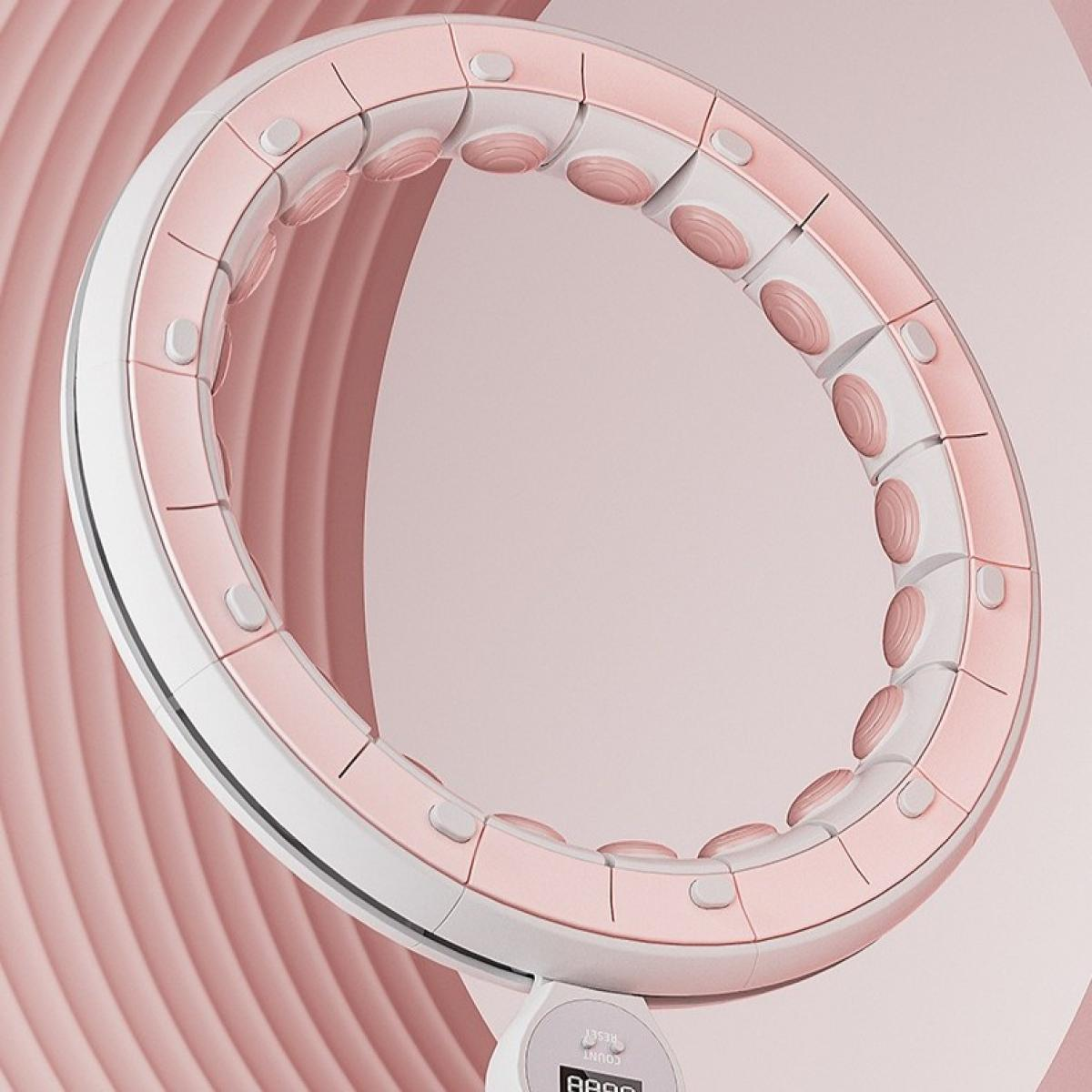 Ein rosa und weiß segmentierter Fitness-Reifen. Er hat einen Digitalzähler und einen geschwungenen Hintergrund. Farbschema: rosa und weiß.