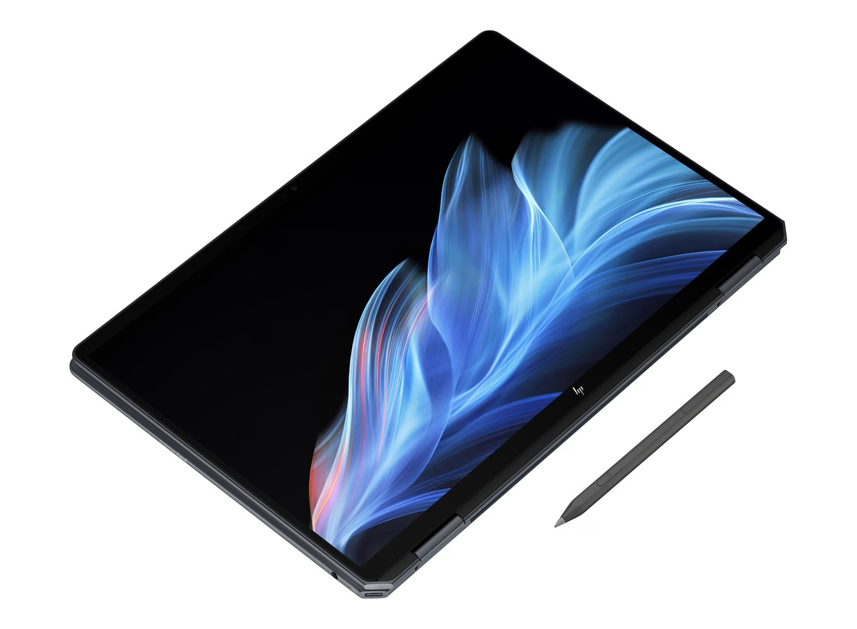 Ein schwarzer Laptop mit blau-weißem, abstraktem Design auf dem Bildschirm und einem Stift auf weißem Hintergrund.