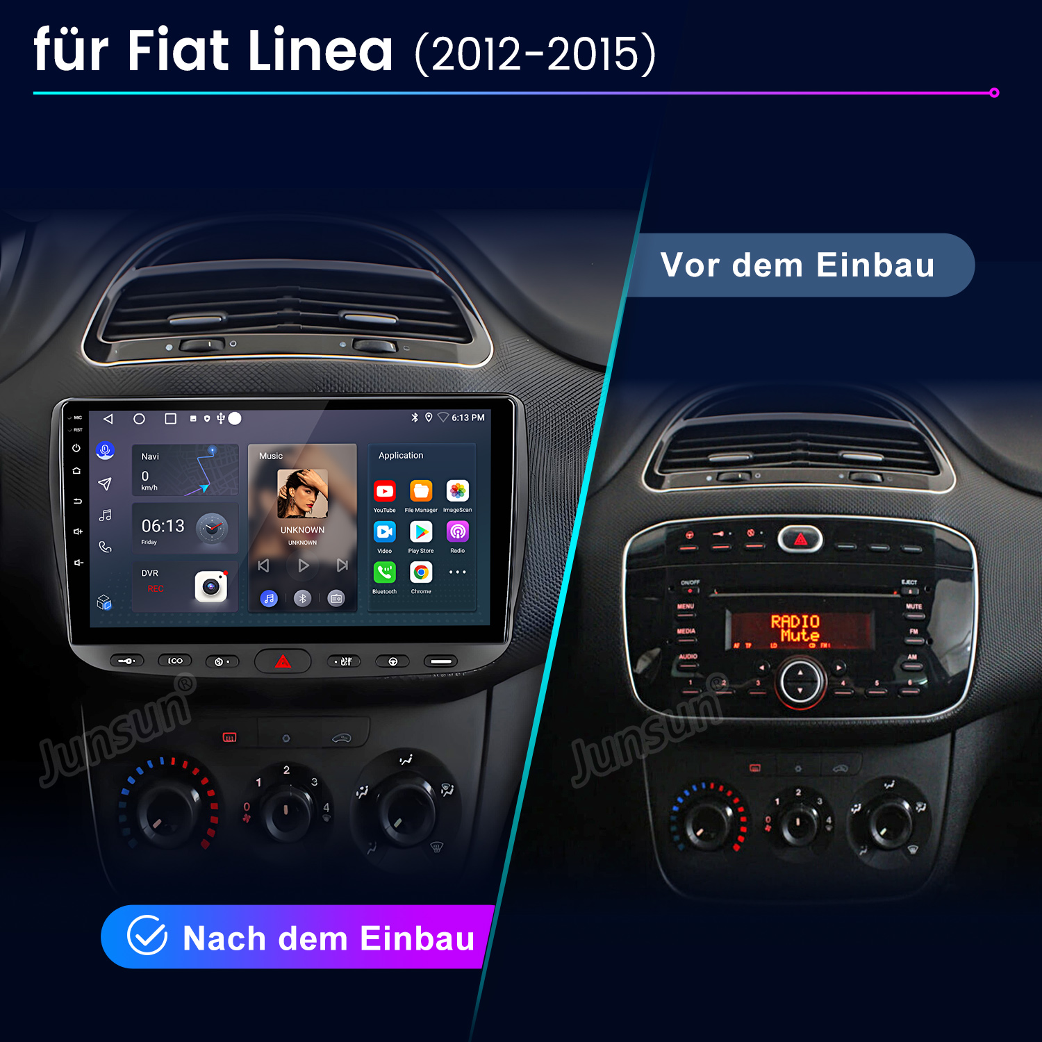 Das Bild zeigt einen Autoinnenraum mit einem neuen Radio links und dem alten Radio rechts. Der Text lautet 'Nach dem Einbau'.