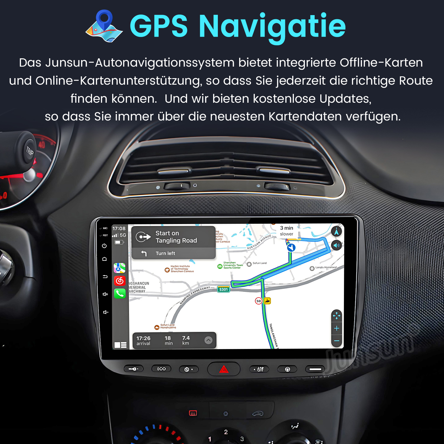 Auto-Armaturenbrett mit GPS-Navigationsbildschirm, der eine Routenkarte anzeigt. Textüberlagerung: GPS Navigatie und andere Informationen.