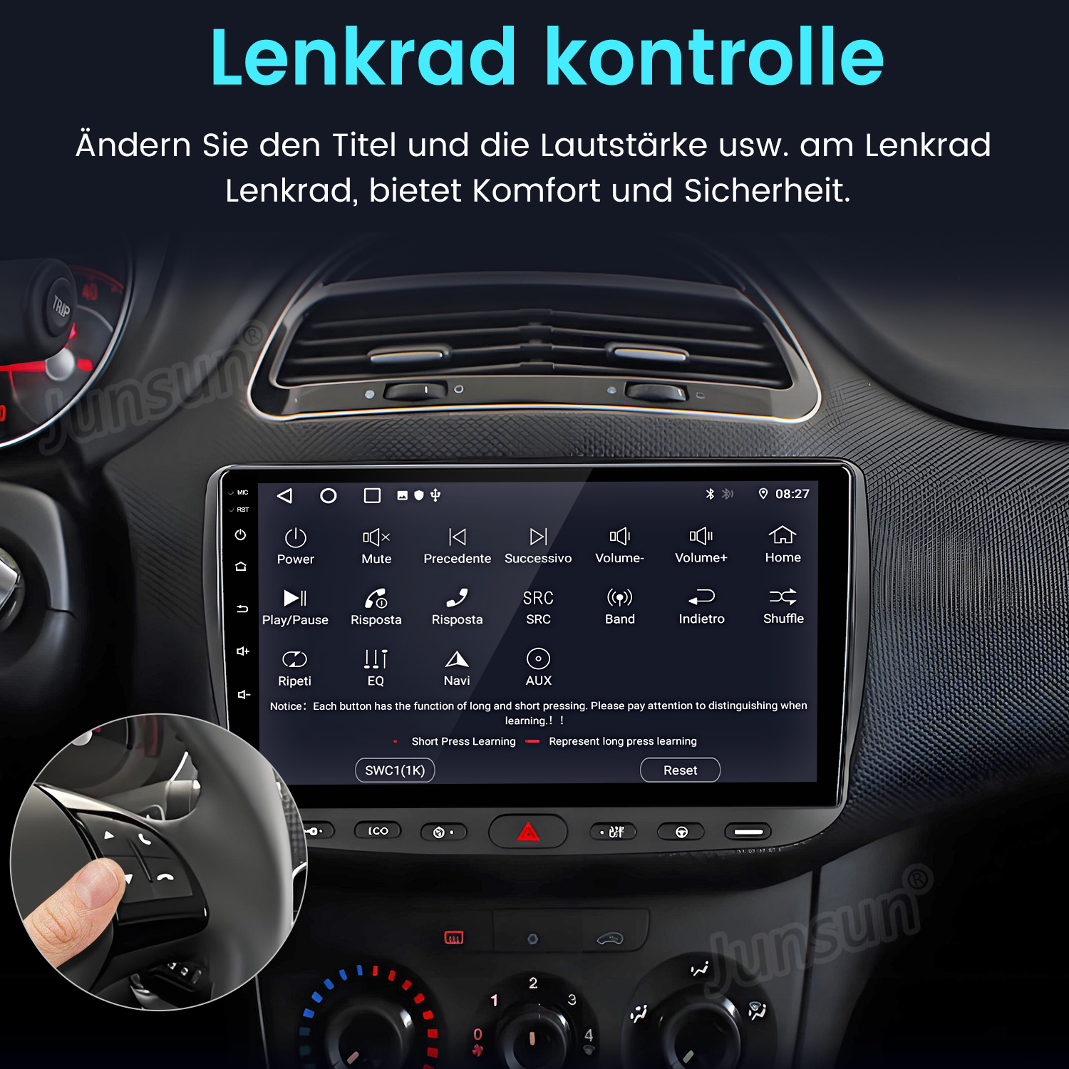 Aut Armaturenbrett mit Touchscreen, der Tasten anzeigt. Eine Hand drückt eine Taste am Lenkrad. Text auf Deutsch ist oben sichtbar.