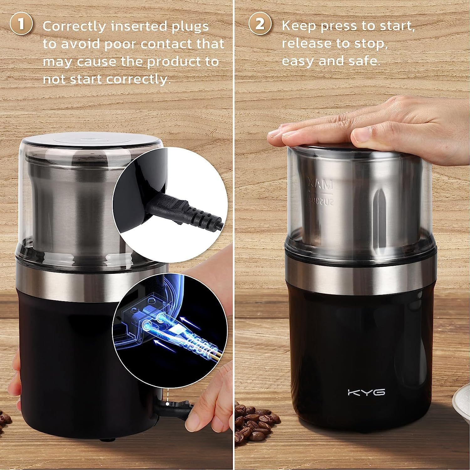 Eine Kaffeemühle mit schwarzem Boden und silbernem Deckel. Eine Hand drückt auf den Deckel, eine andere steckt das Kabel ein. Kaffeebohnen liegen auf dem Tisch.