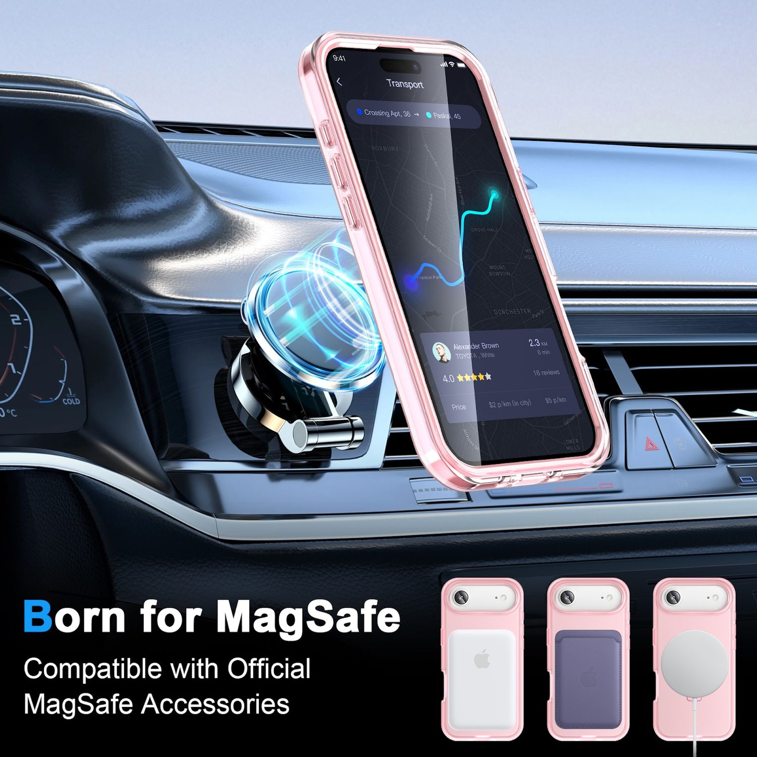 Funda rosa para teléfono en el salpicadero del coche con aplicación de navegación, accesorios MagSafe abajo: blanco, morado y cargador blanco.