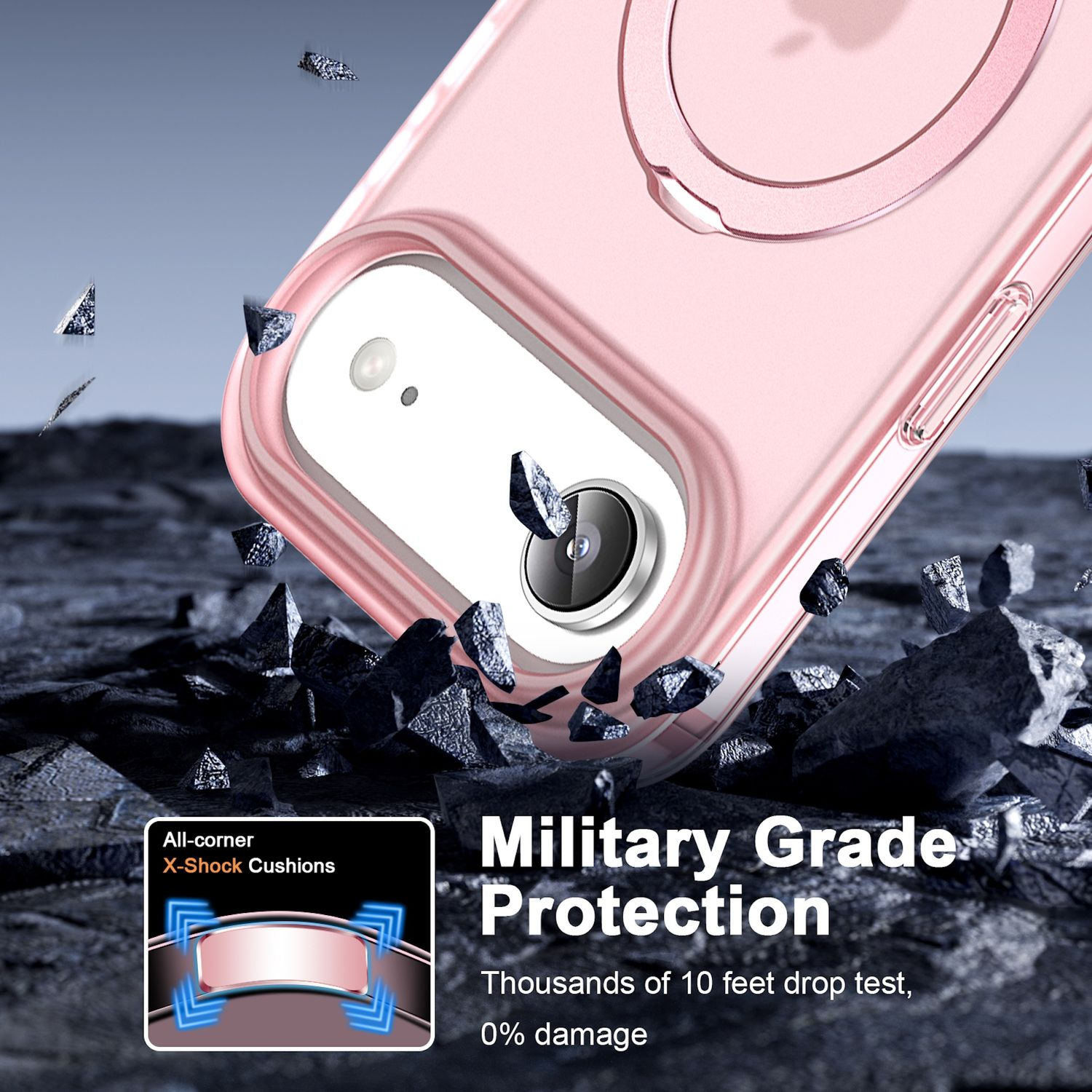 Una funda de teléfono, rosa y transparente, muestra un teléfono. Se anuncia la protección contra impactos con la funda. El fondo es oscuro y rocoso.