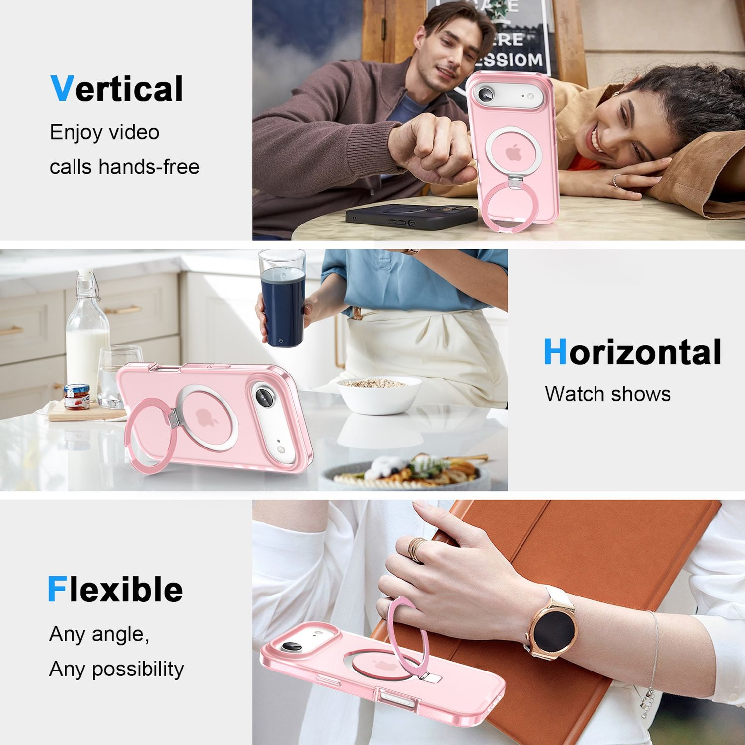 Imagen muestra funda de teléfono con anillo, usada verticalmente para llamadas y horizontalmente para espectáculos, también en diferentes ángulos.
