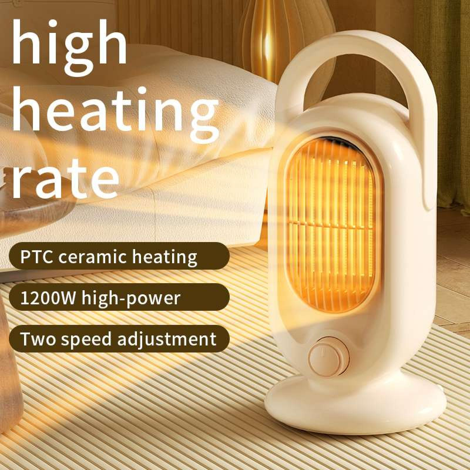 Ein weißer Heizlüfter mit orangefarbenem Glühen steht auf einem gemusterten Boden. Text sagt 'hohe Heizrate' und Merkmale wie PTC-Heizung.