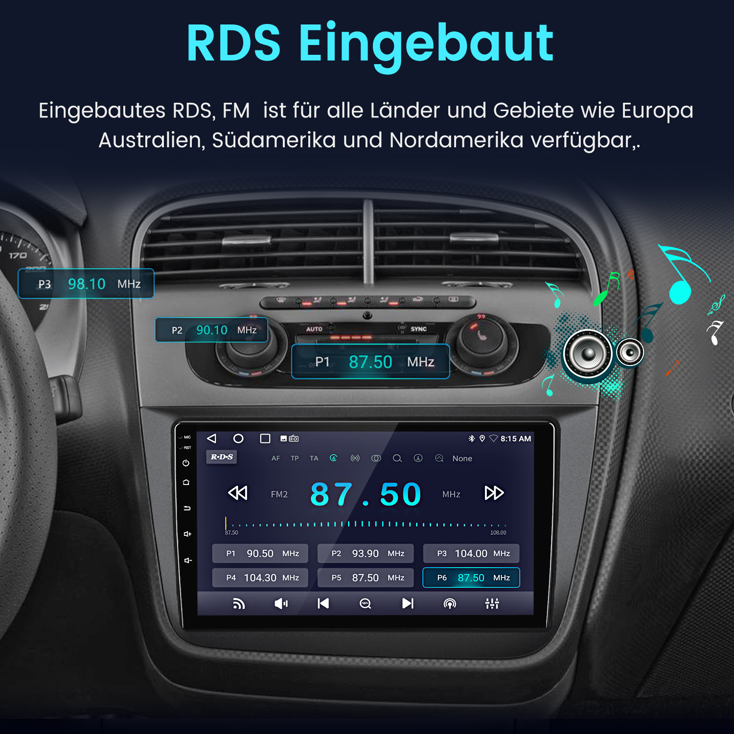 Autoinstrumententafel mit Radioanzeige mit Frequenz 87,50 MHz. Text RDS Eingebaut oben. Hintergrund zeigt Autointerieur.