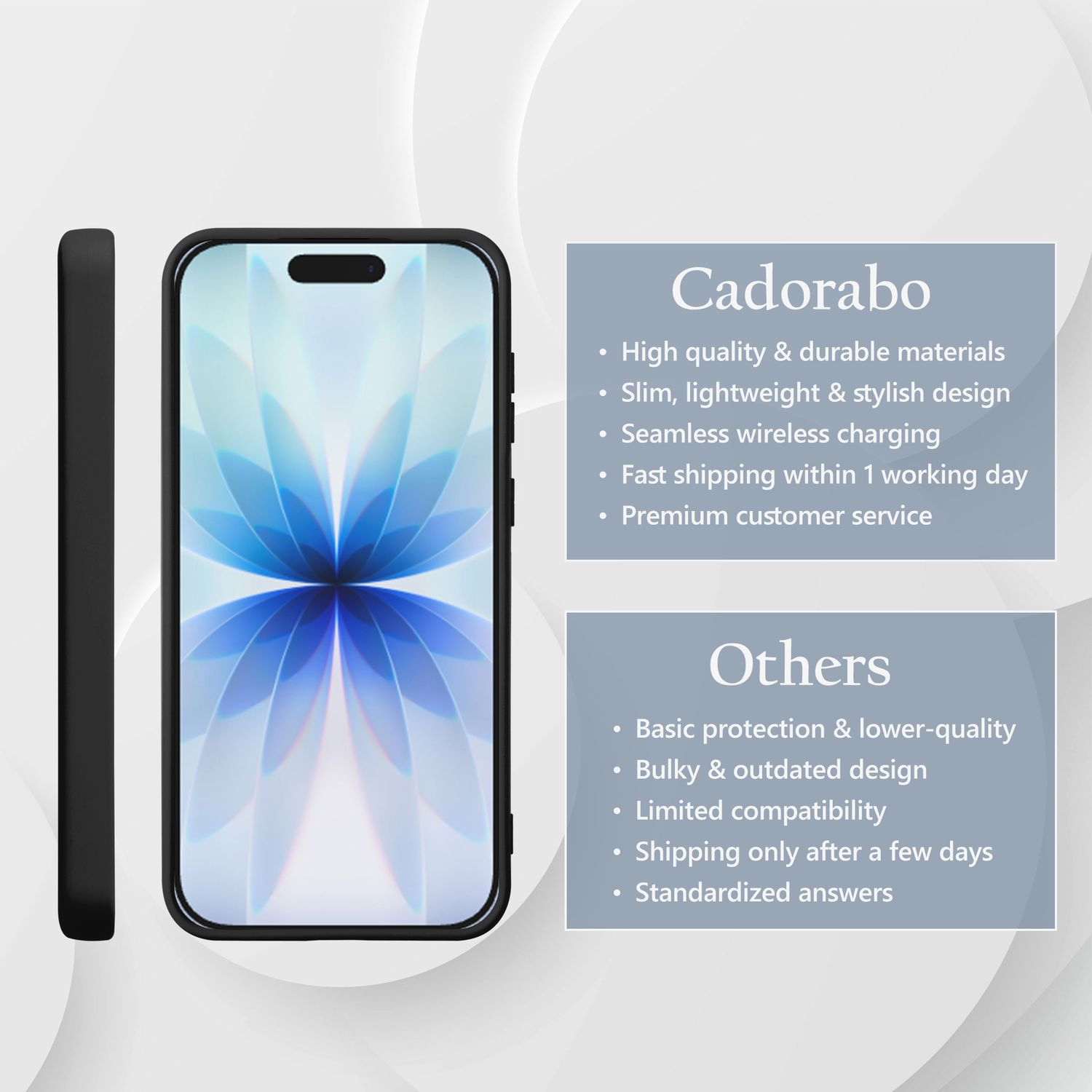 Ein Smartphone mit blauem Blumendruck neben einer schwarzen Handyhülle. Text vergleicht 'Cadorabo' mit 'Anderen'.