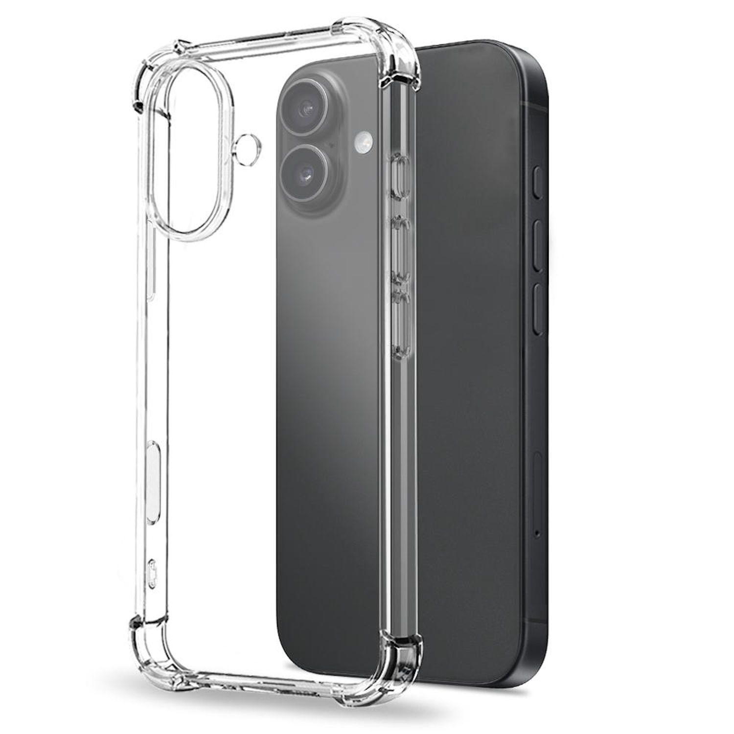 Eine transparente Schutzhülle bedeckt teilweise ein schwarzes Smartphone und zeigt die Dual-Kamera des Telefons.