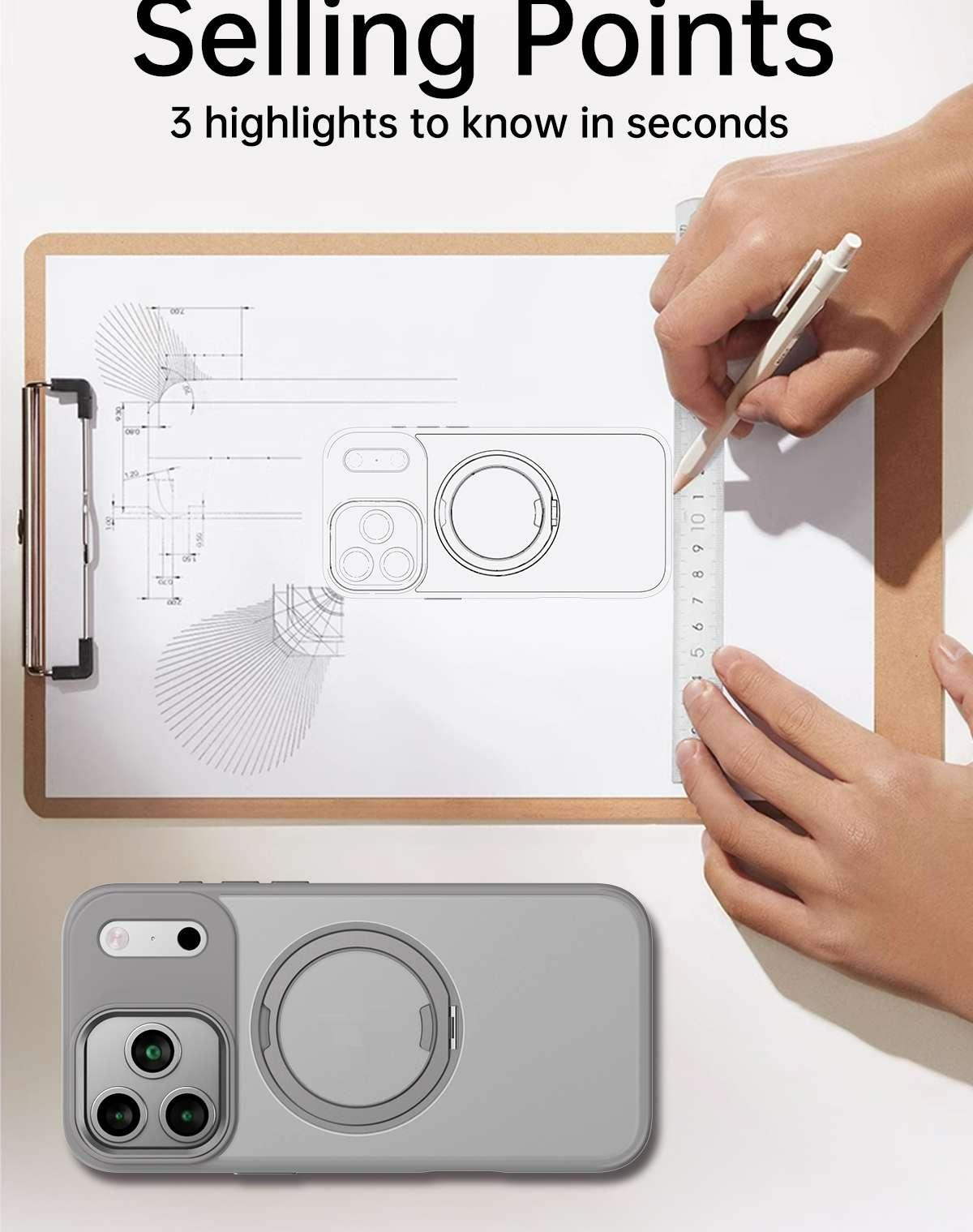 Hände skizzieren ein Handyhüllen-Design mit Lineal und Stift. Unten befindet sich eine graue Handyhülle mit Kamera und Magnetring.