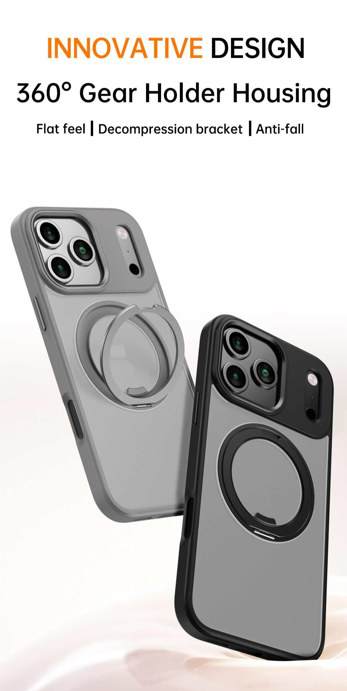 Zwei Handyhüllen. Eine graue mit Ring, die andere schwarz-grau mit Ring. Text: Innovatives Design, 360° Gear Holder Housing.