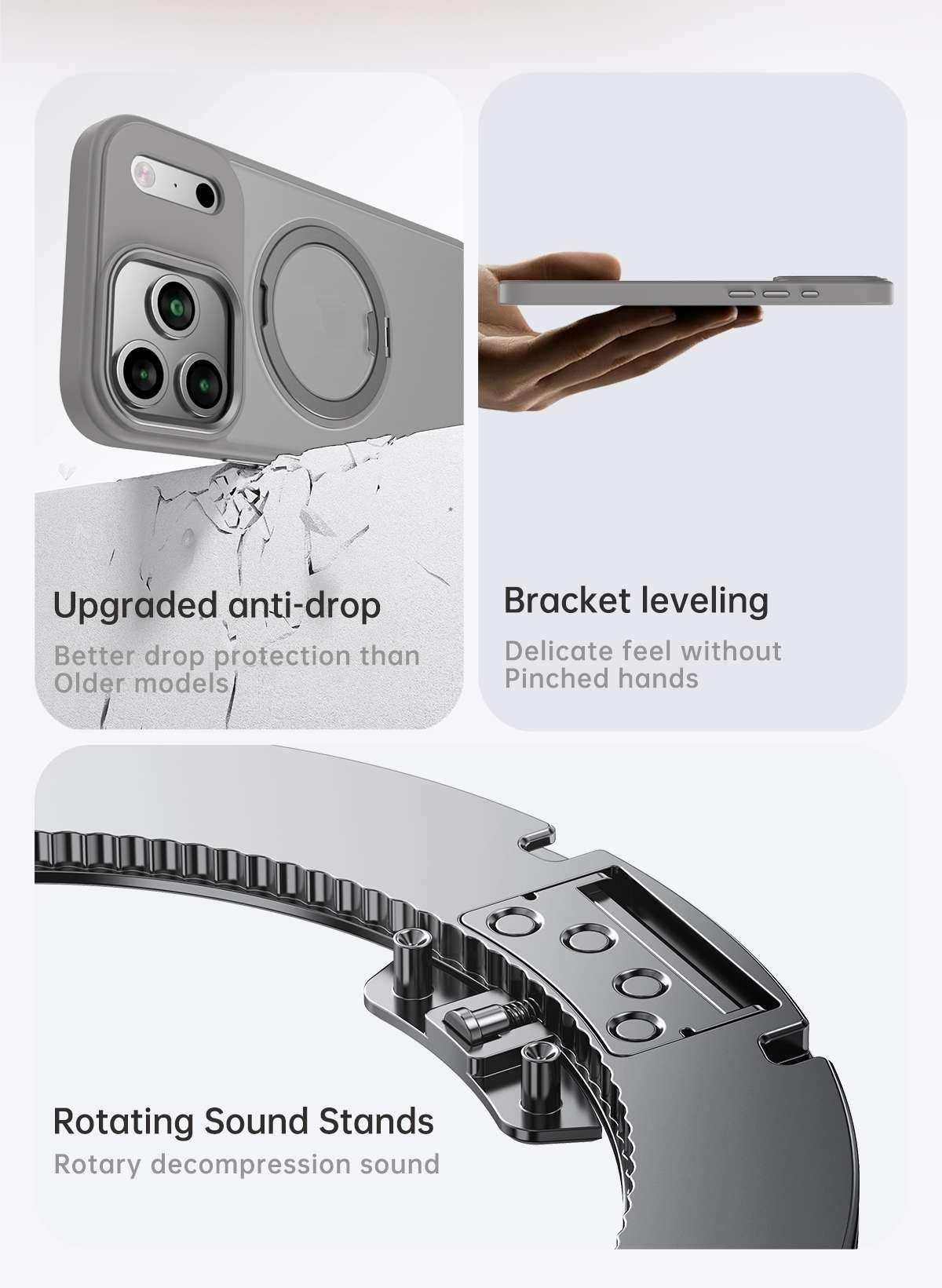 Das Bild zeigt Handyhüllen-Funktionen: Anti-Drop, Halterungsnivellierung und rotierende Soundständer, jeweils mit kurzen Beschreibungen.