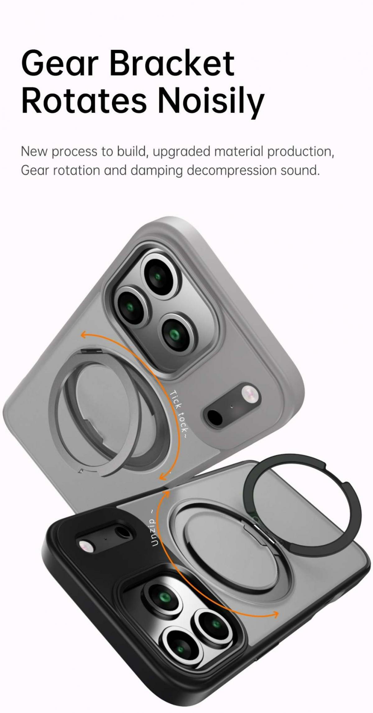 Zwei Handyhüllen mit drehbarer Halterung, eine schwarz, eine grau. Text zeigt 'Gear Bracket Rotates Noisily'.