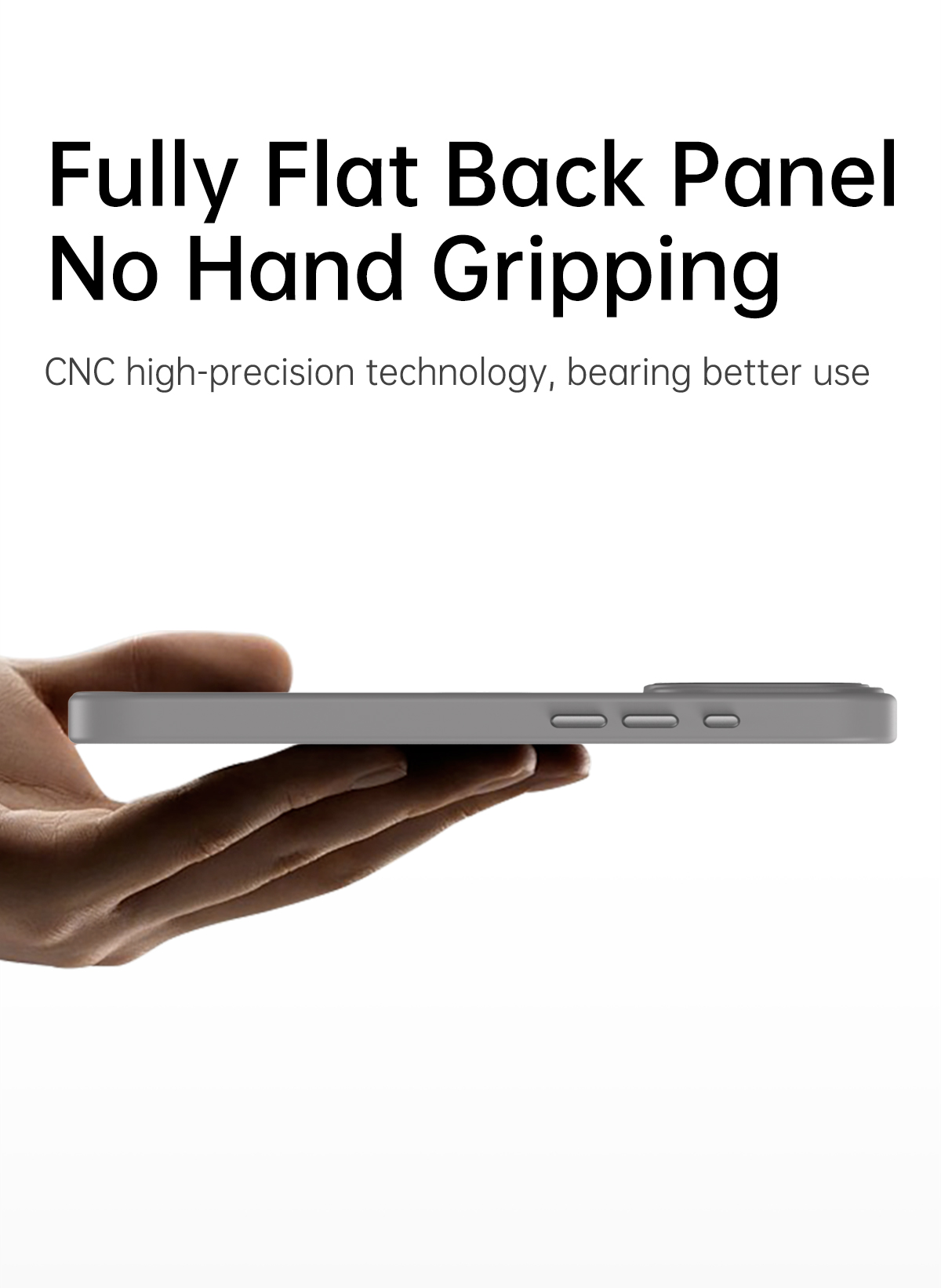 Eine Hand hält ein graues Telefon. Das Telefon ist flach mit Knöpfen an der Seite. Der Text oben lautet 'Fully Flat Back Panel'.