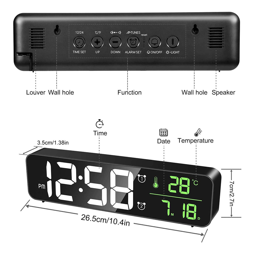 Schwarzer digitaler Wecker mit Anzeige von Zeit, Datum und Temperatur, mit Tasten und Beschriftungen oben.