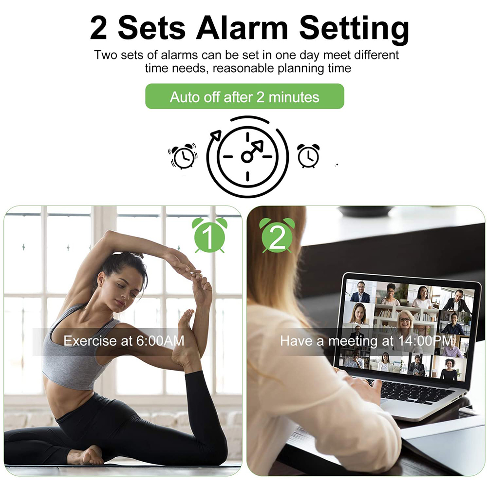 Das Bild zeigt Alarmeinstellungen für Sport um 6:00 Uhr morgens und ein Meeting um 14:00 Uhr. Eine Frau macht Yoga, und eine Person nimmt an einem Videoanruf teil.